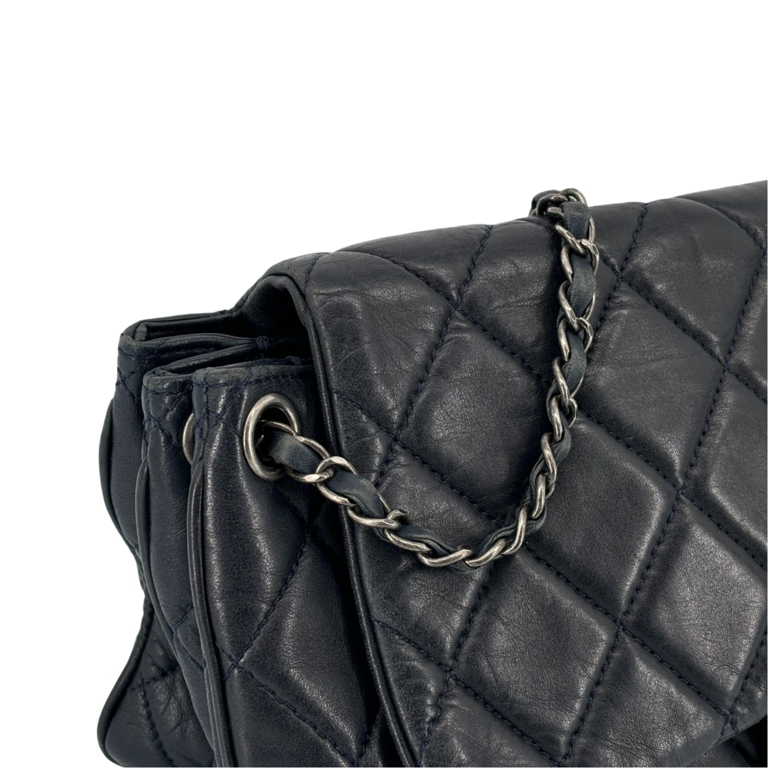 Chanel Accordion Single Flap Bag Navy Matelassé Leather