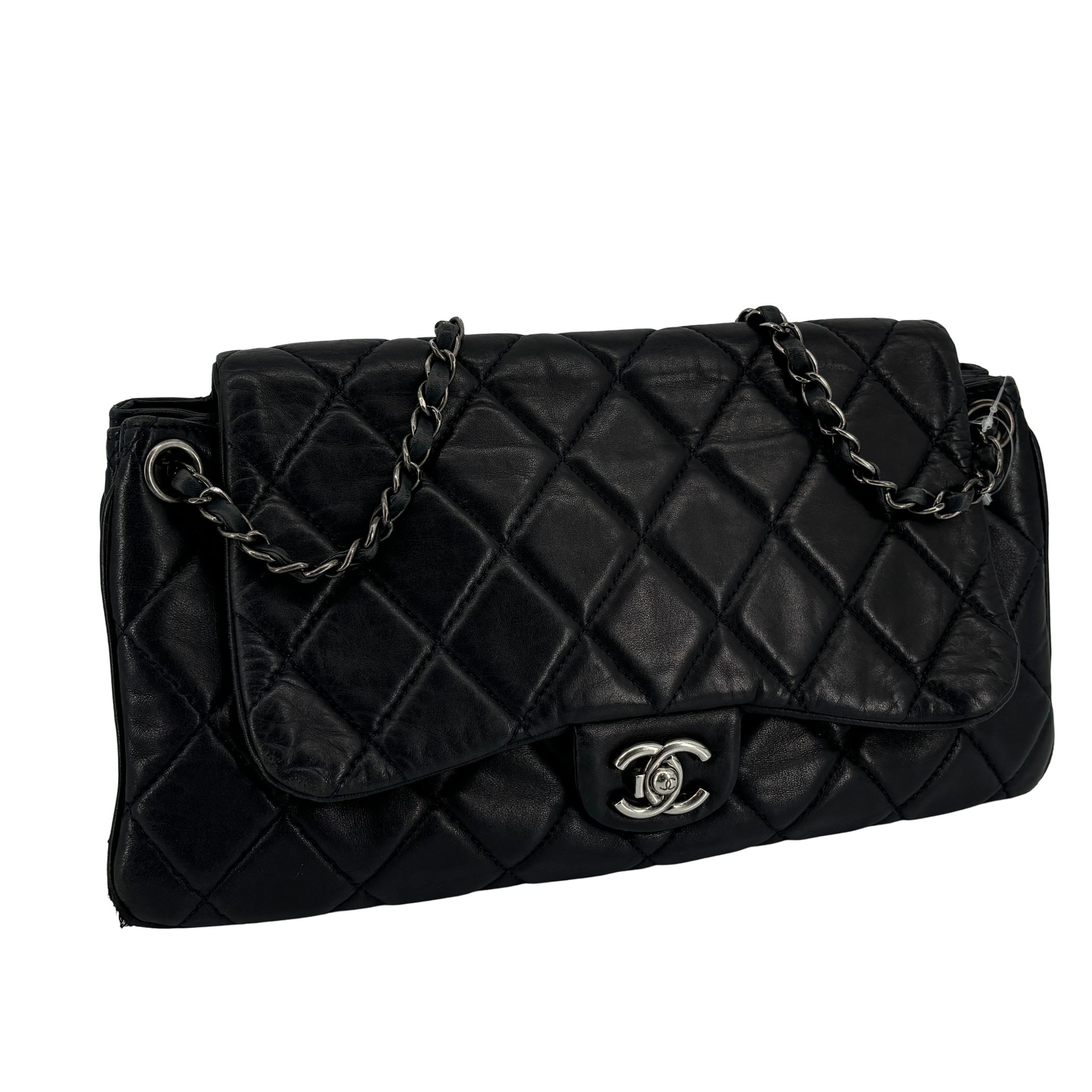 Chanel Accordion Single Flap Bag Navy Matelassé Leather