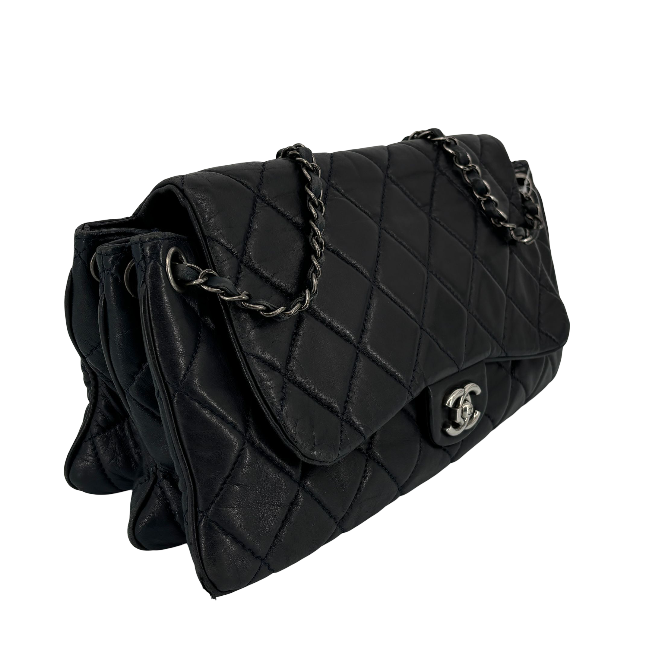 Chanel Accordion Single Flap Bag Navy Matelassé Leather