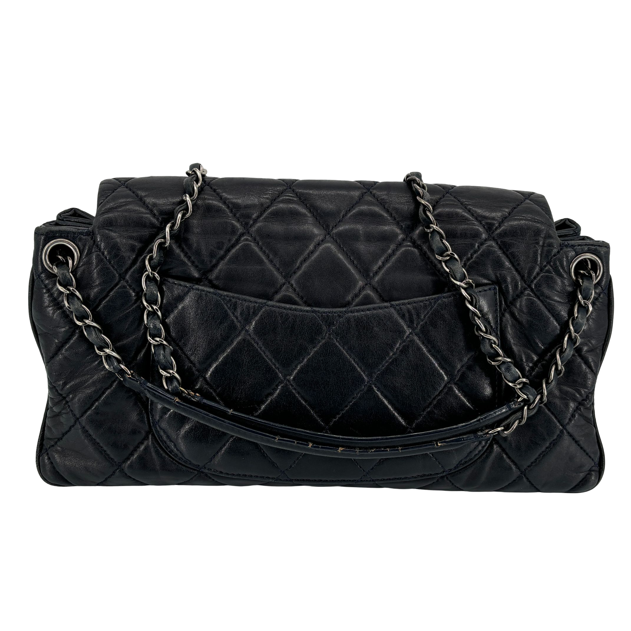 Chanel Accordion Single Flap Bag Navy Matelassé Leather