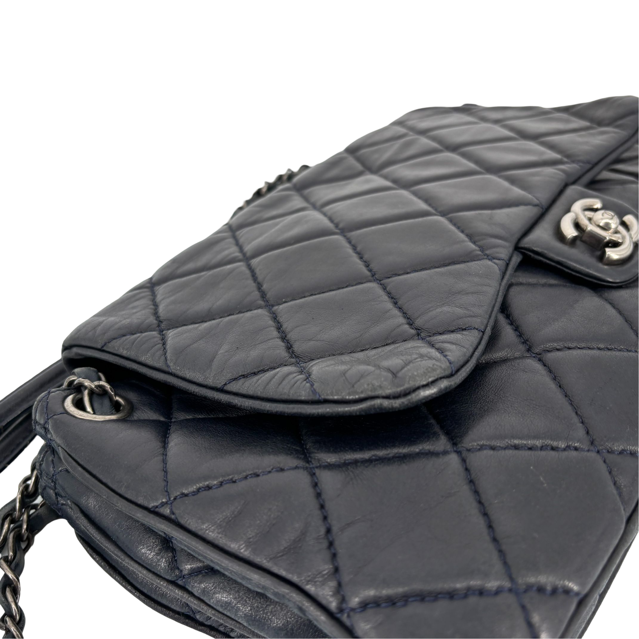 Chanel Accordion Single Flap Bag Navy Matelassé Leather