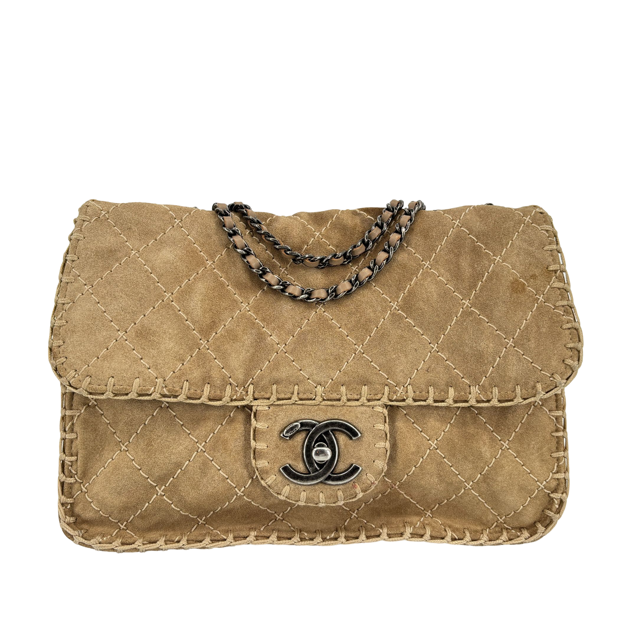 Chanel Single Flap Bag Beige Matelassé Suede