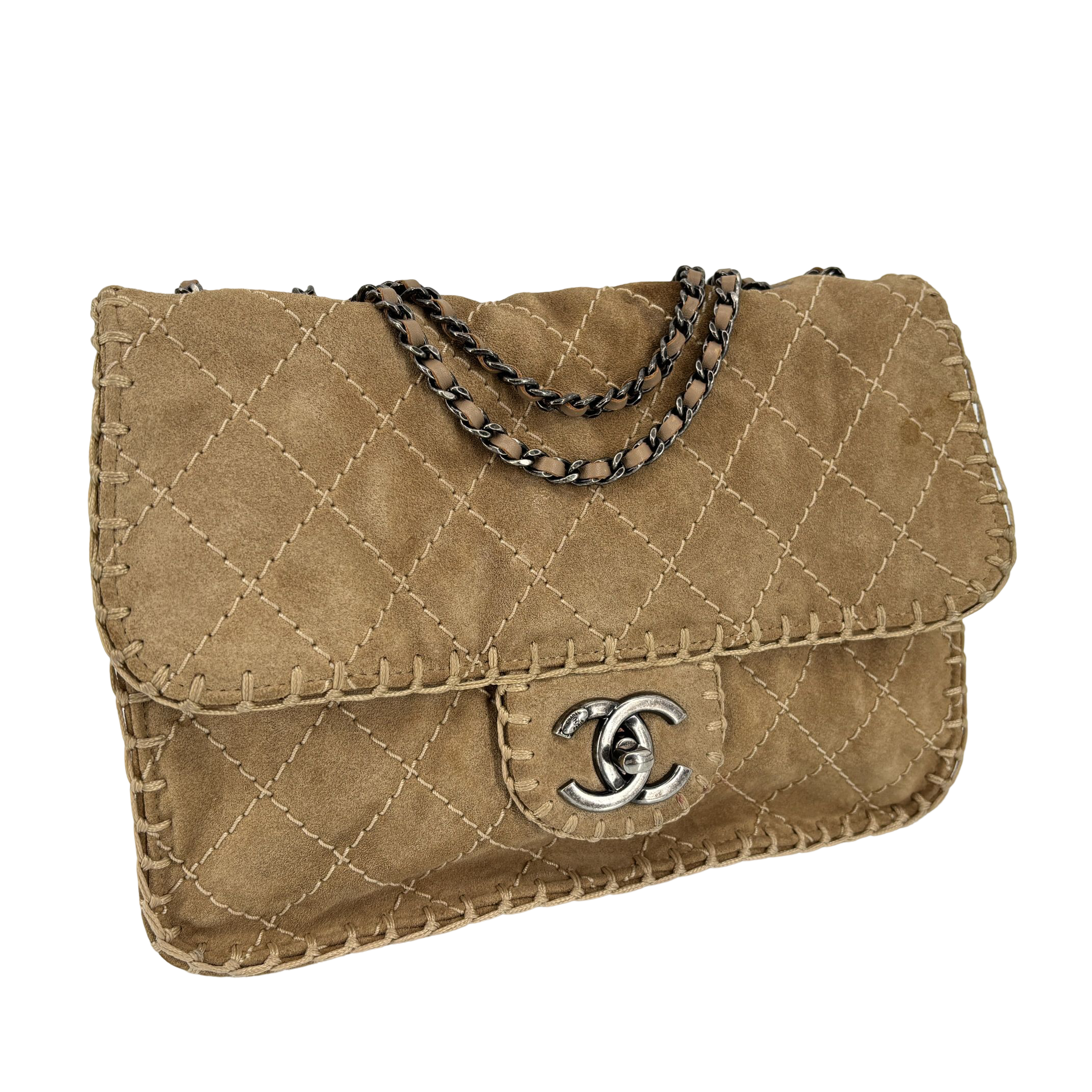 Chanel Single Flap Bag Beige Matelassé Suede