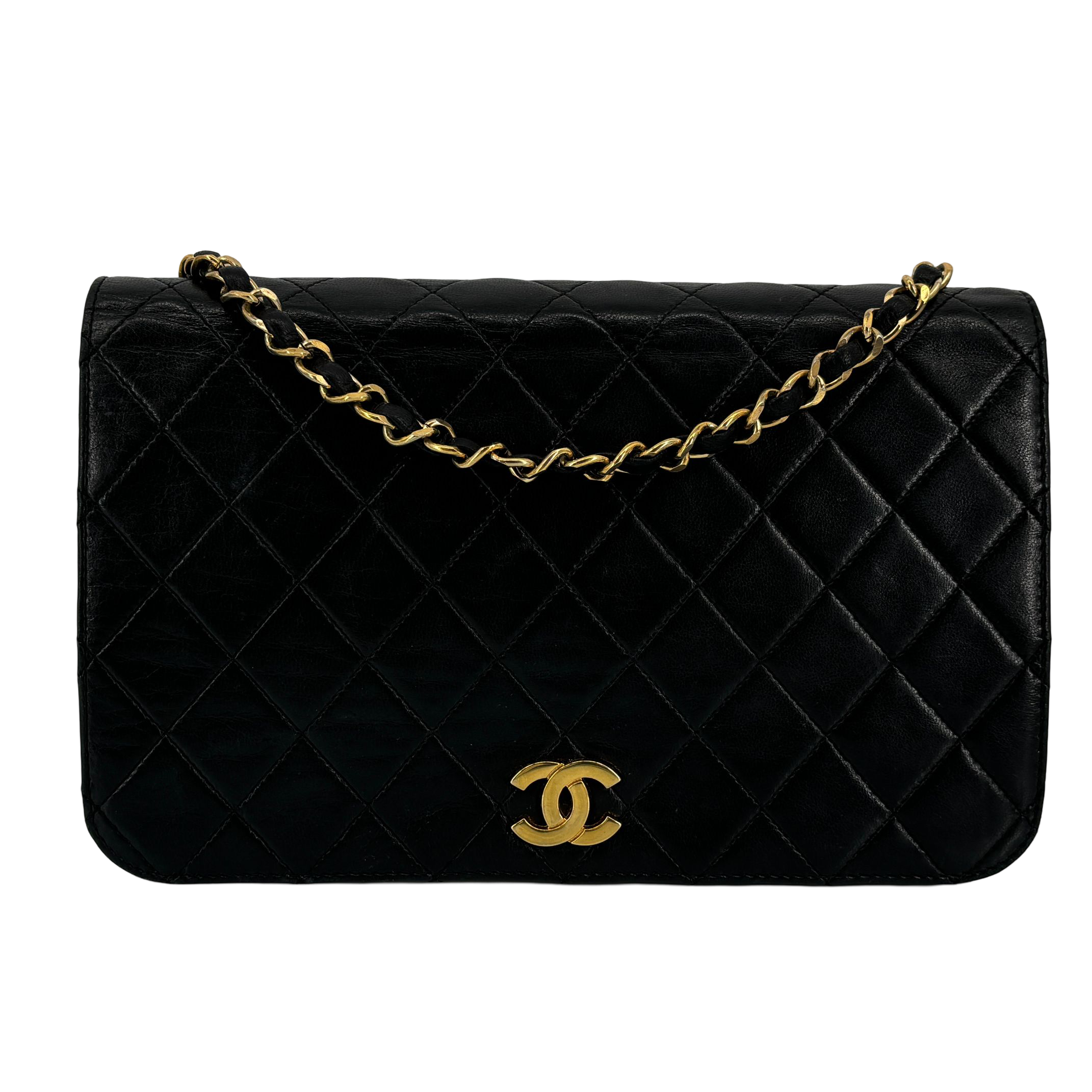 Chanel Full Flap Bag Push-Lock Black Matelassé Leather