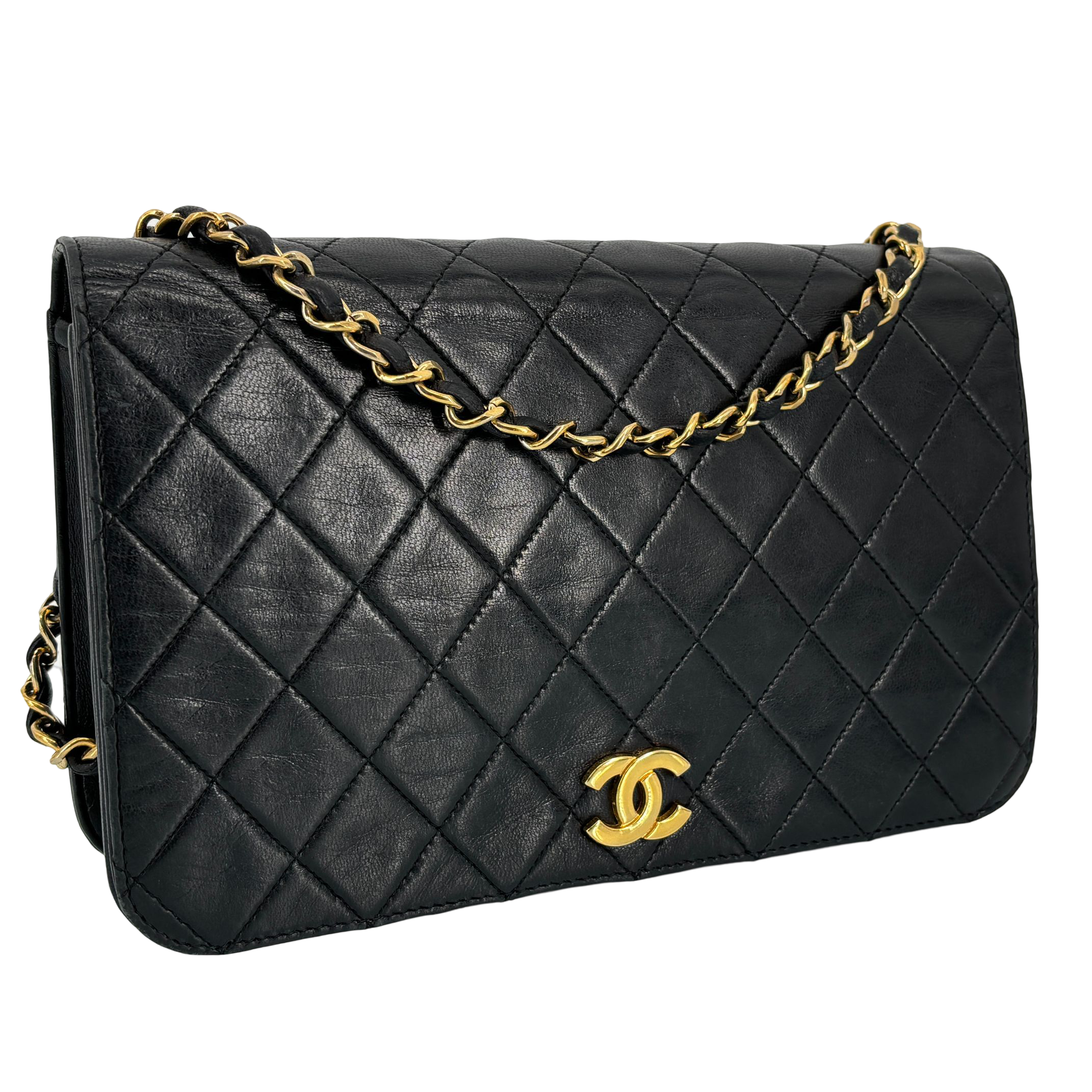 Chanel Full Flap Bag Push-Lock Black Matelassé Leather