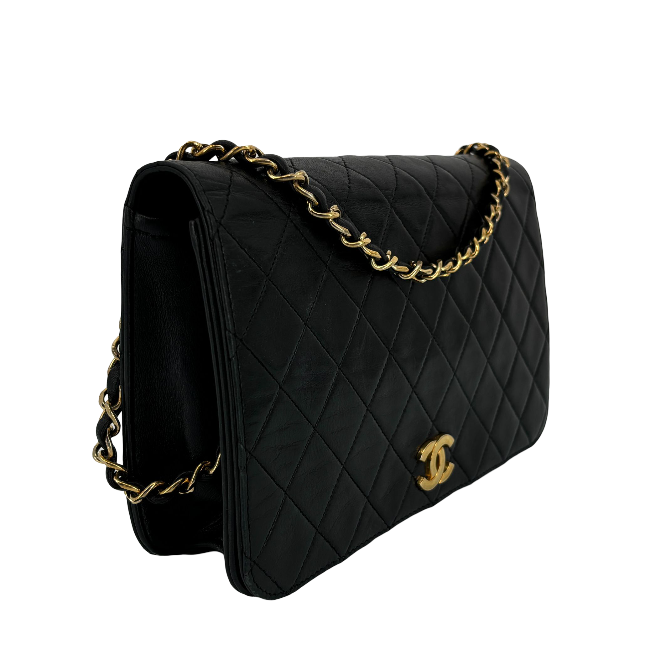 Chanel Full Flap Bag Push-Lock Black Matelassé Leather