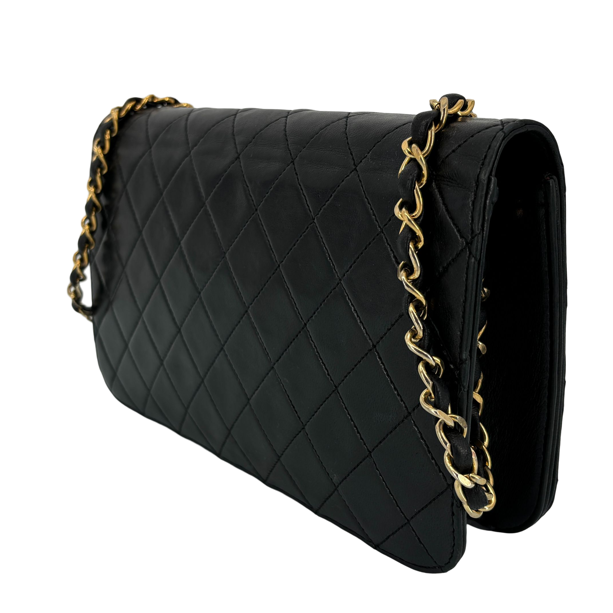 Chanel Full Flap Bag Push-Lock Black Matelassé Leather