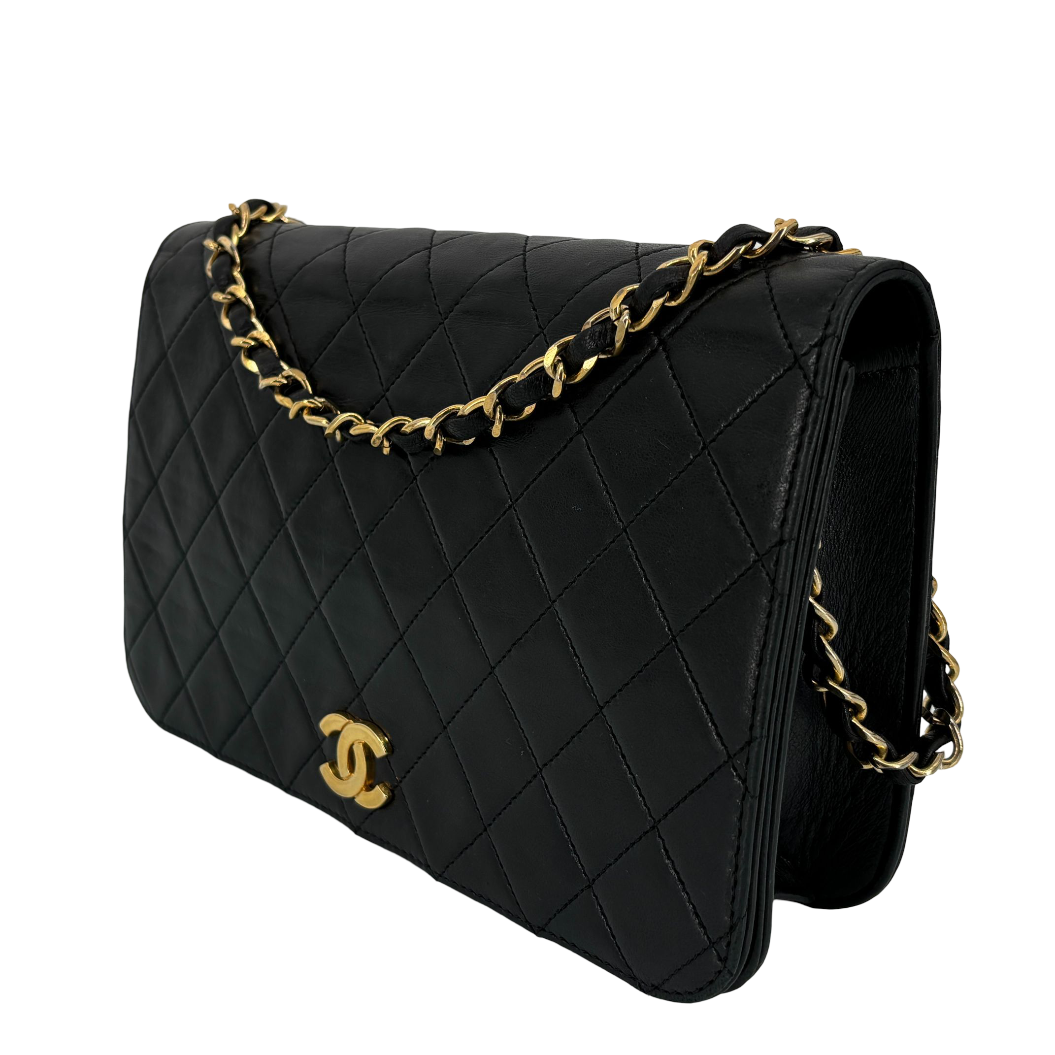 Chanel Full Flap Bag Push-Lock Black Matelassé Leather