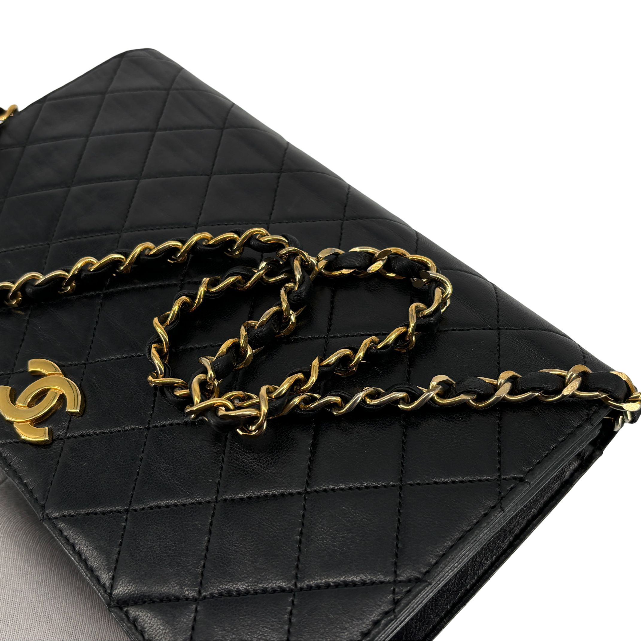 Chanel Full Flap Bag Push-Lock Black Matelassé Leather