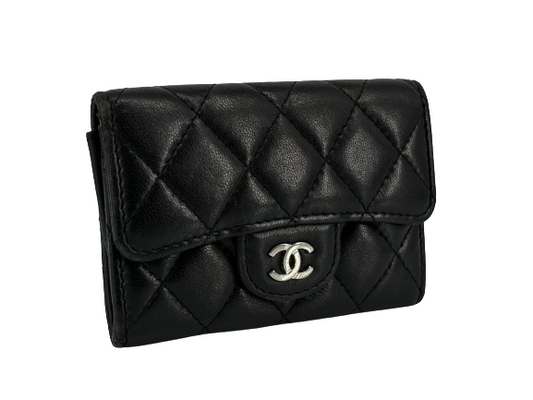 Chanel Timeless / Classic Matelasse Flap Compact Wallet Black Leather