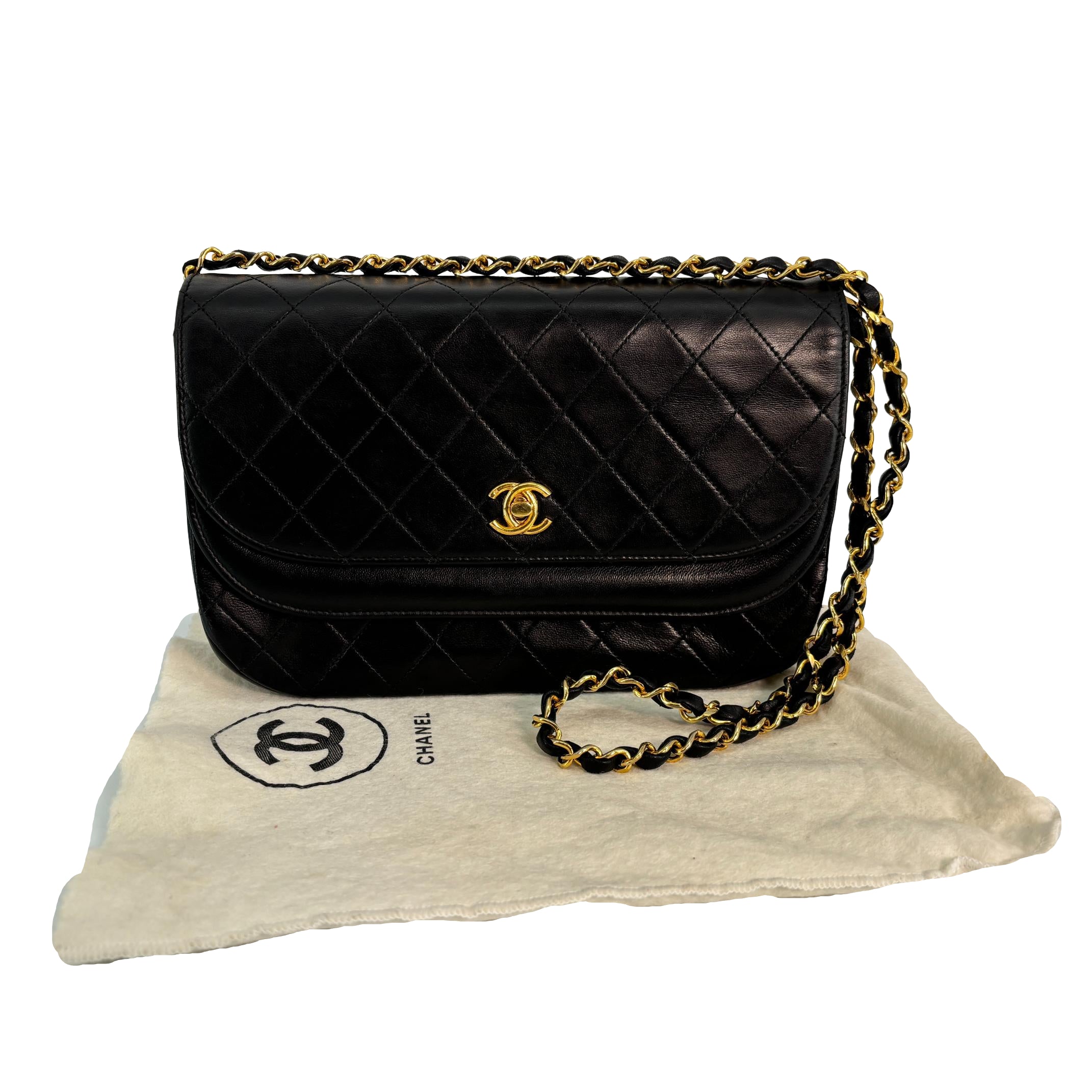 Chanel Half-Moon Double Flap Bag Black Matelassé Leather