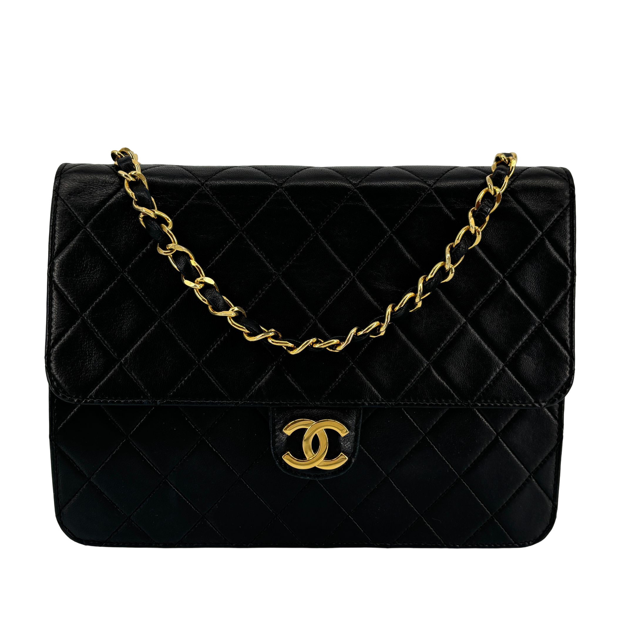 Chanel Single Flap Bag Push-Lock Black Matelassé Leather