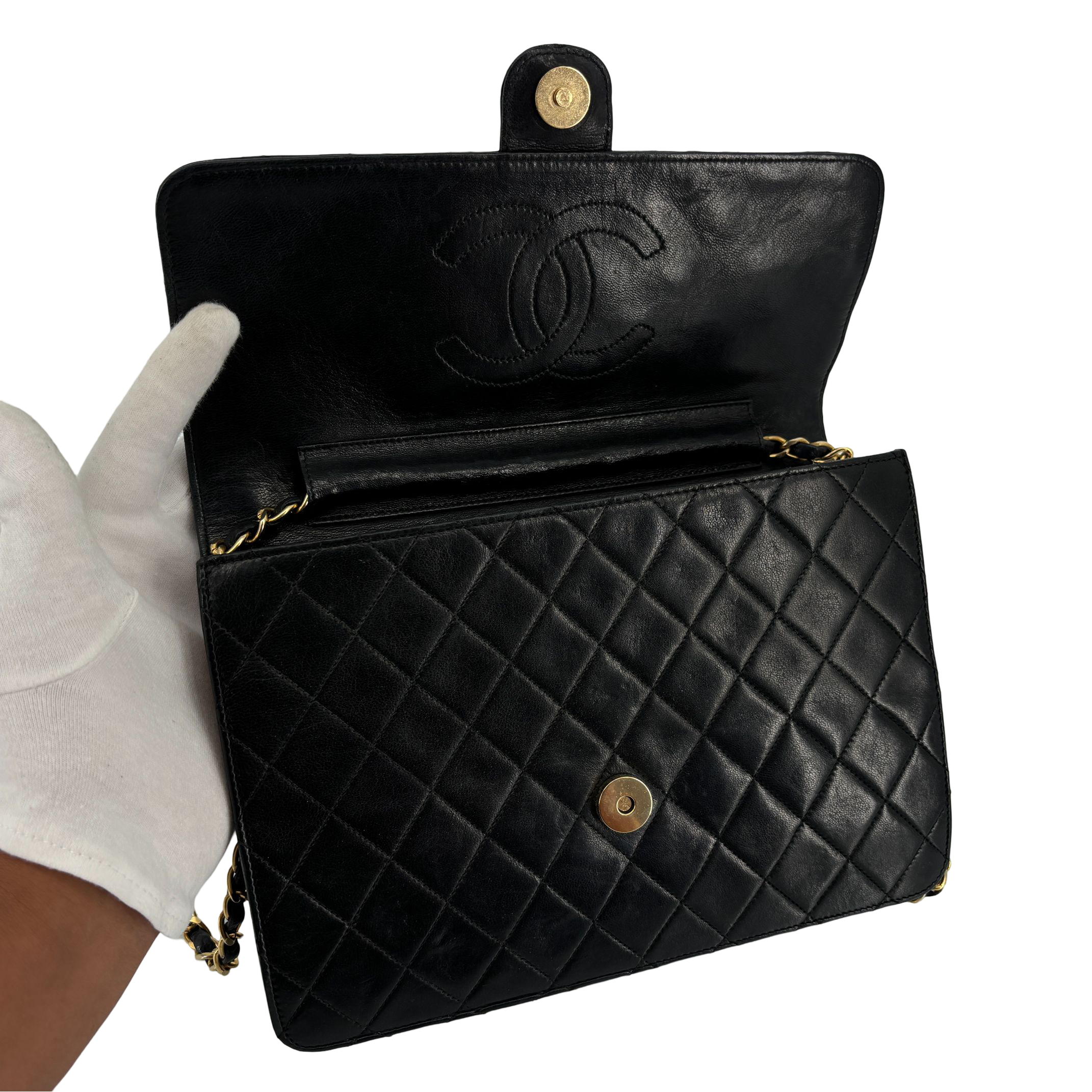 Chanel Single Flap Bag Push-Lock Black Matelassé Leather incl. Box