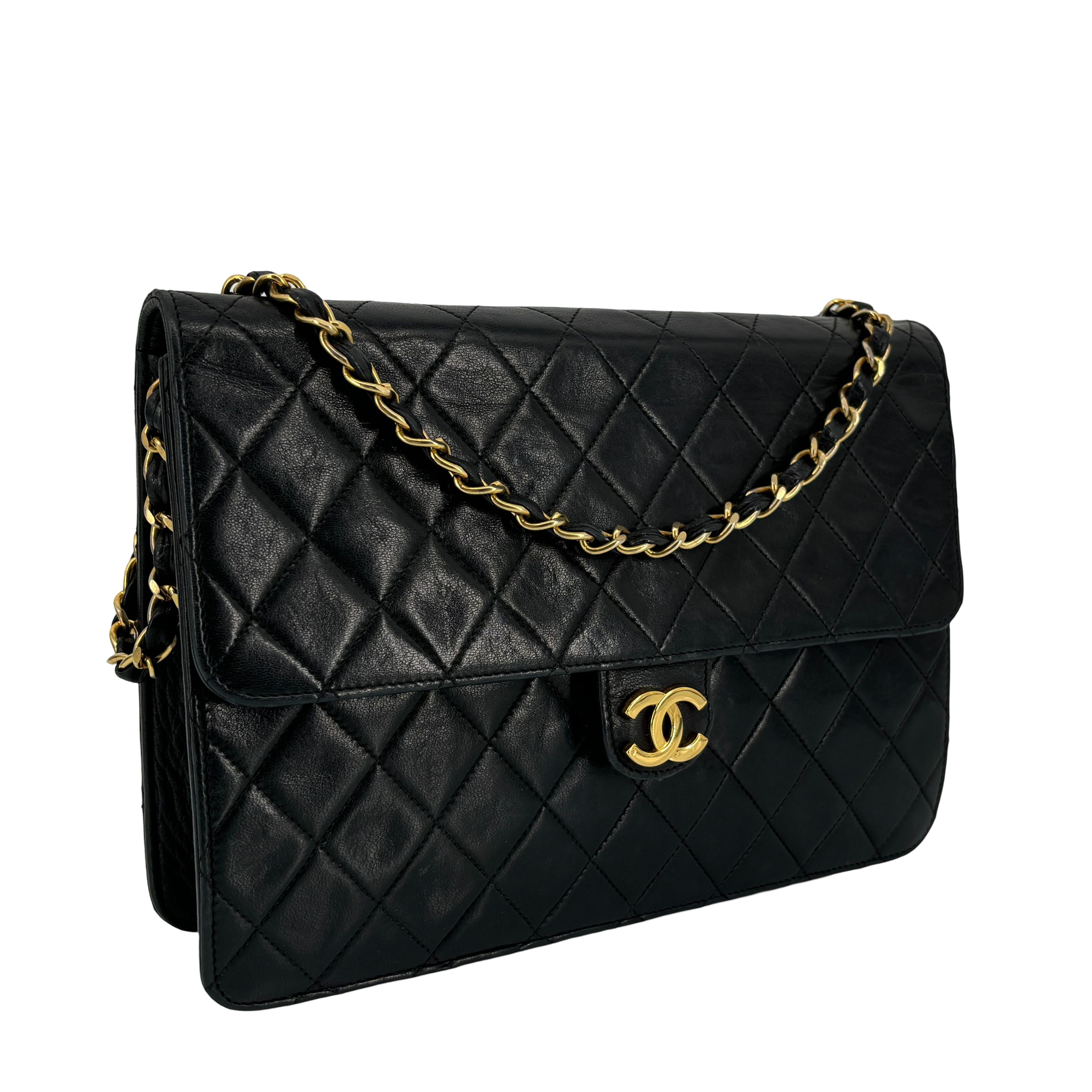 Chanel Single Flap Bag Push-Lock Black Matelassé Leather incl. Box