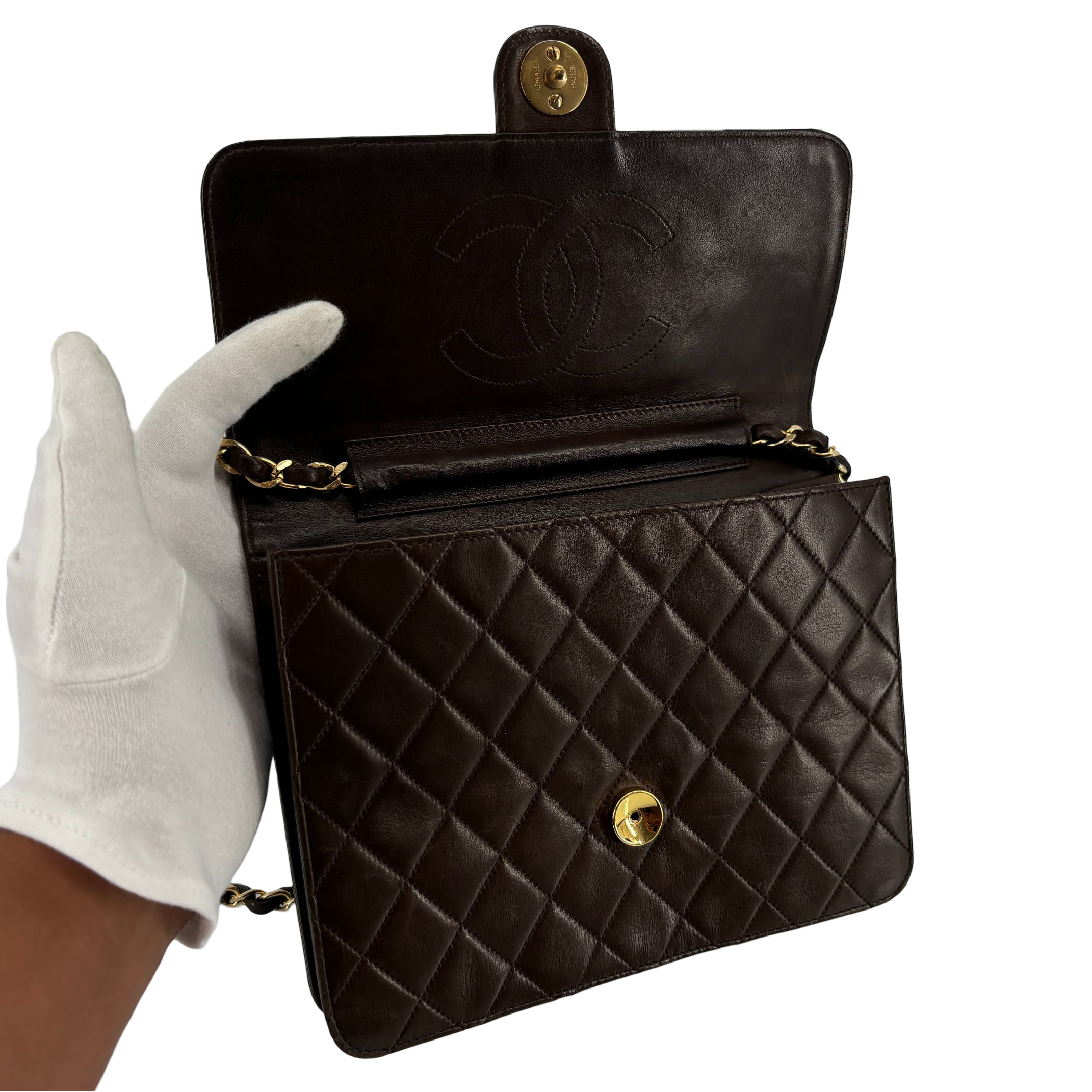 Chanel Single Flap Bag Push-Lock Brown Matelassé Leather