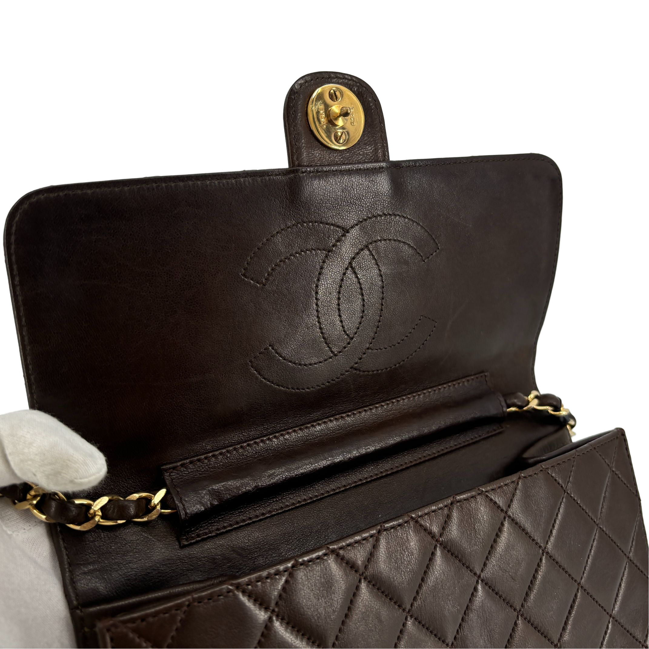 Chanel Single Flap Bag Push-Lock Brown Matelassé Leather