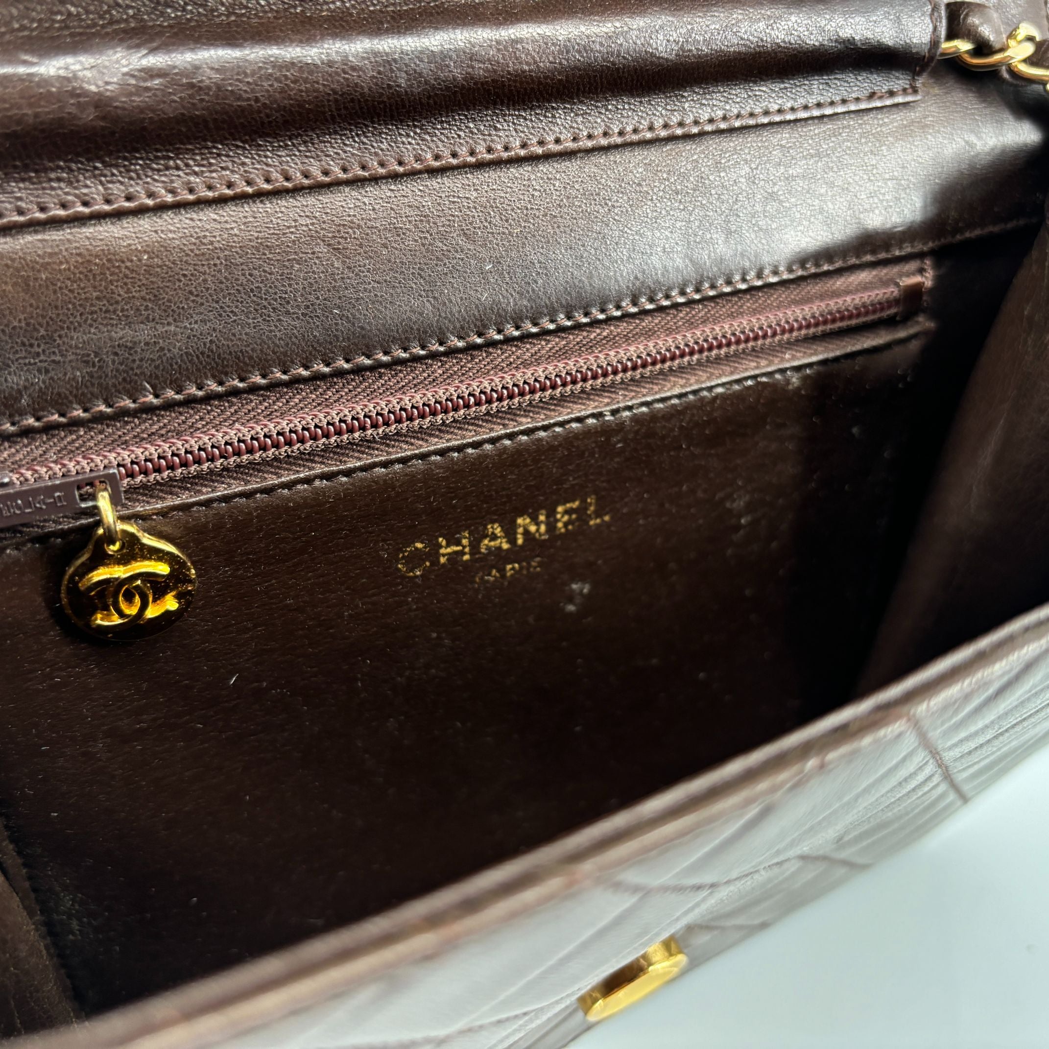 Chanel Single Flap Bag Push-Lock Brown Matelassé Leather