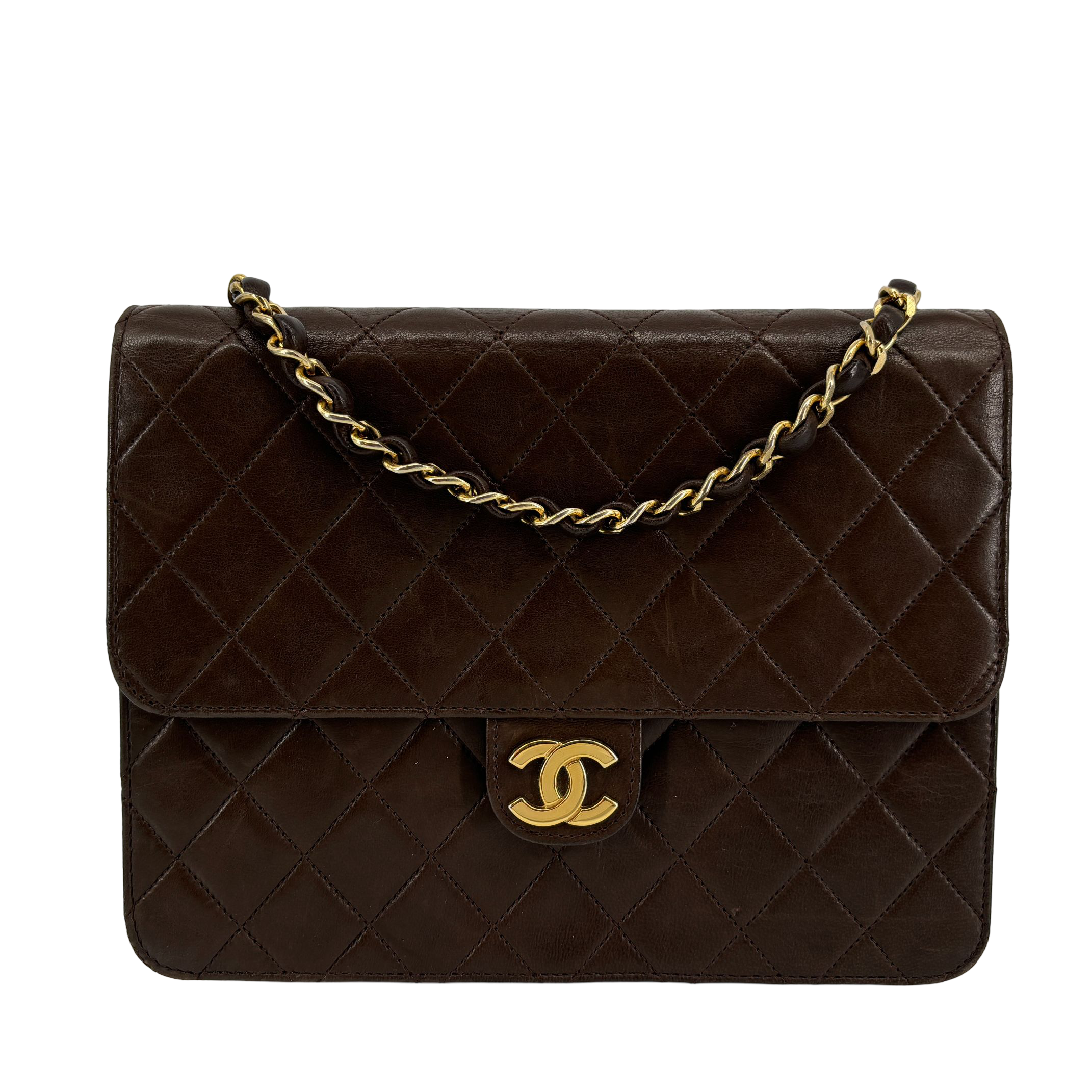 Chanel Single Flap Bag Push-Lock Brown Matelassé Leather