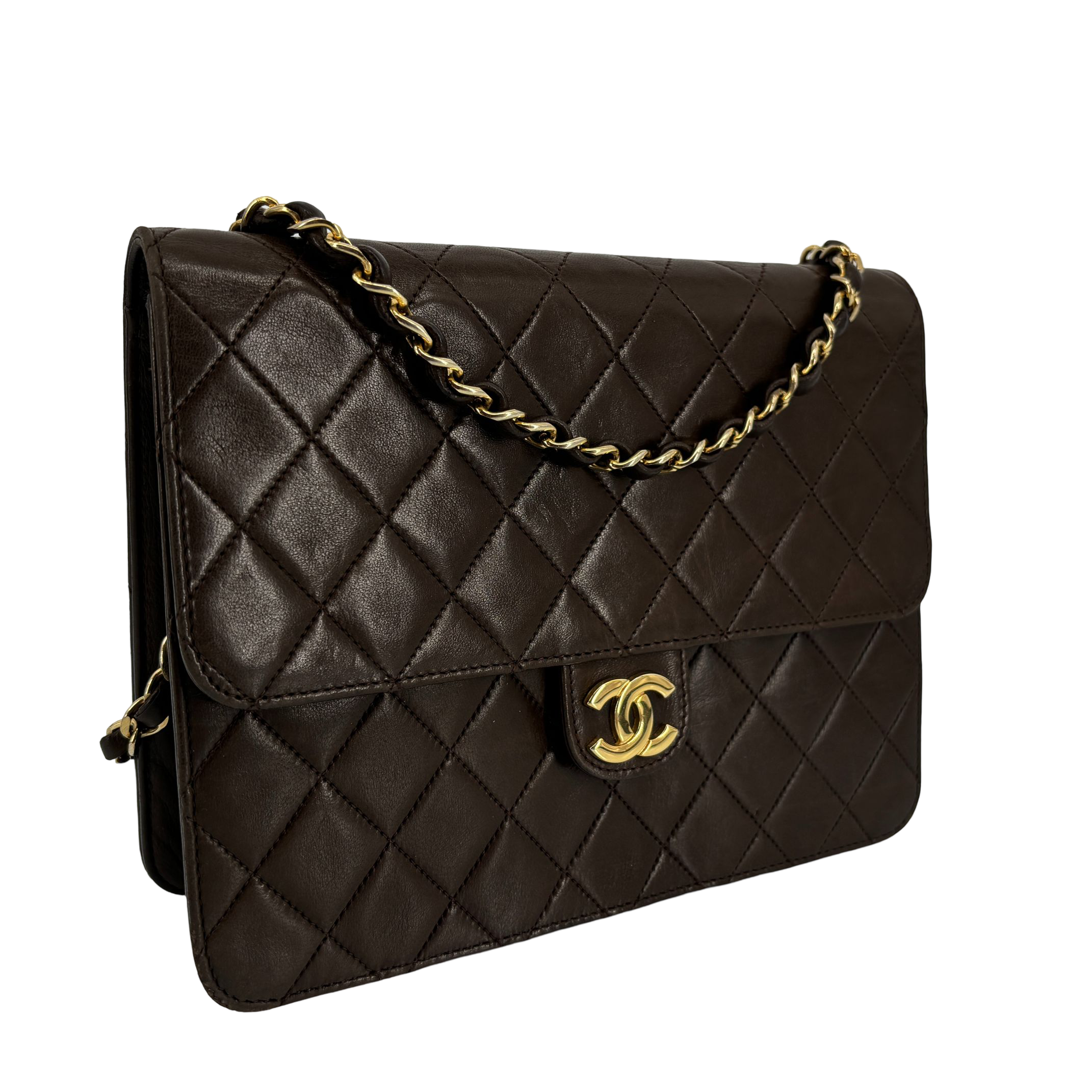 Chanel Single Flap Bag Push-Lock Brown Matelassé Leather