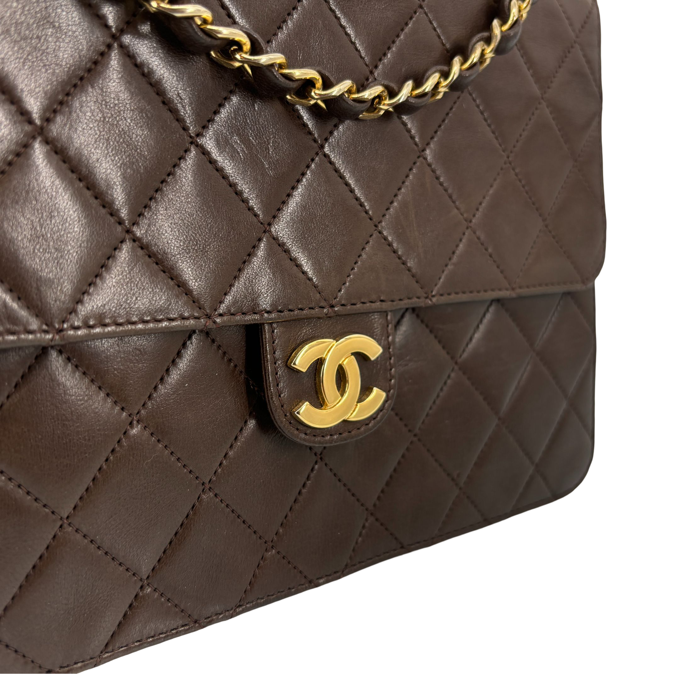 Chanel Single Flap Bag Push-Lock Brown Matelassé Leather