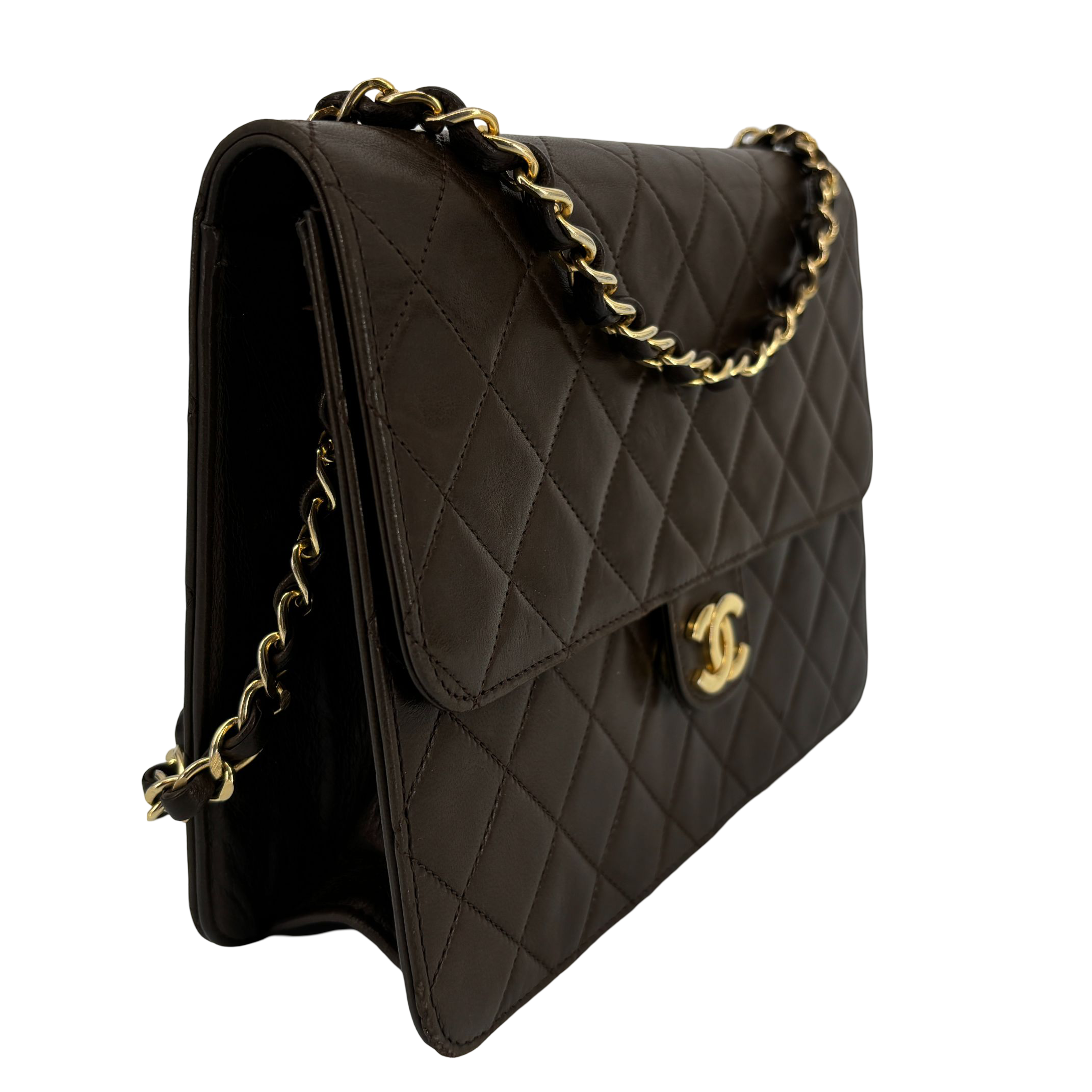 Chanel Single Flap Bag Push-Lock Brown Matelassé Leather