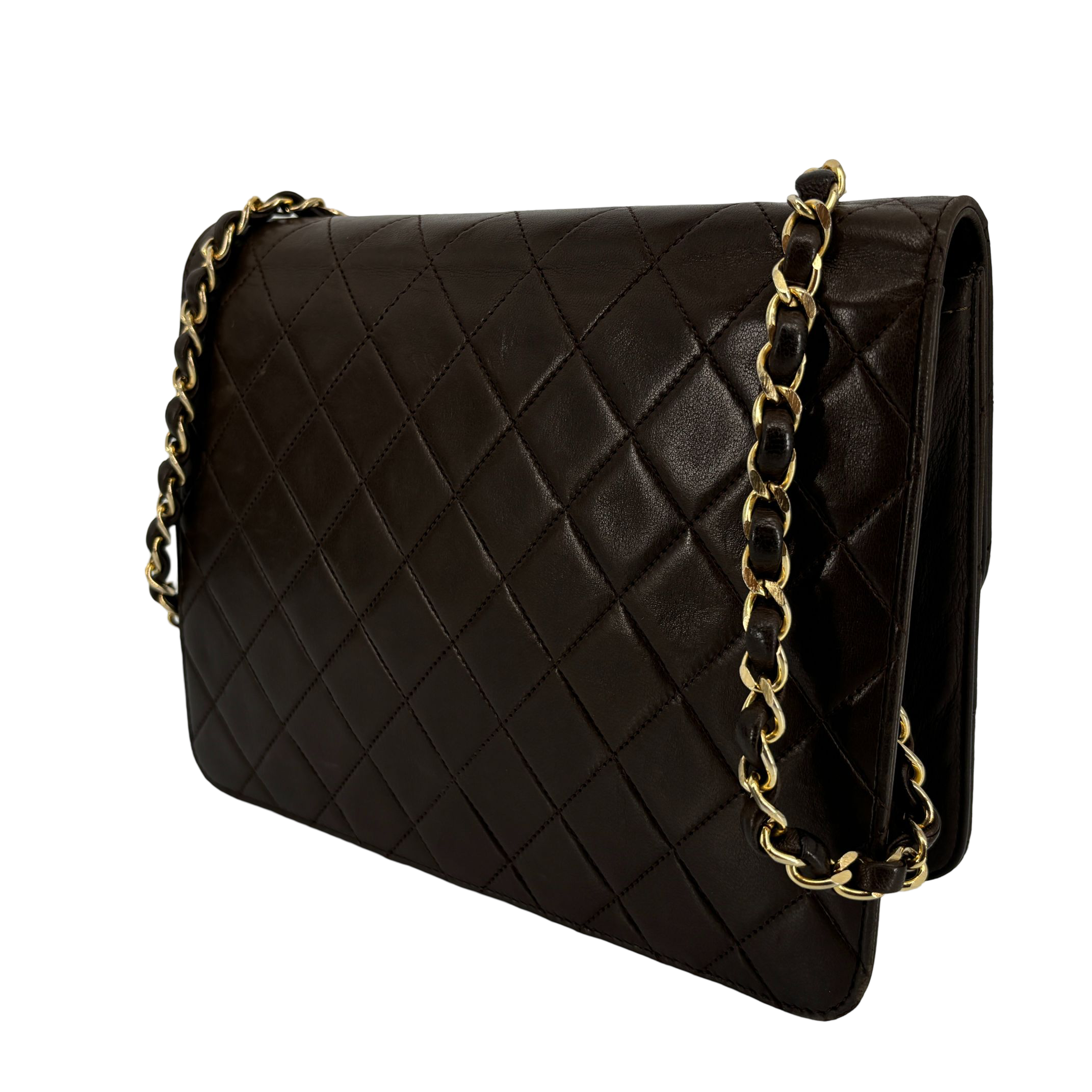 Chanel Single Flap Bag Push-Lock Brown Matelassé Leather