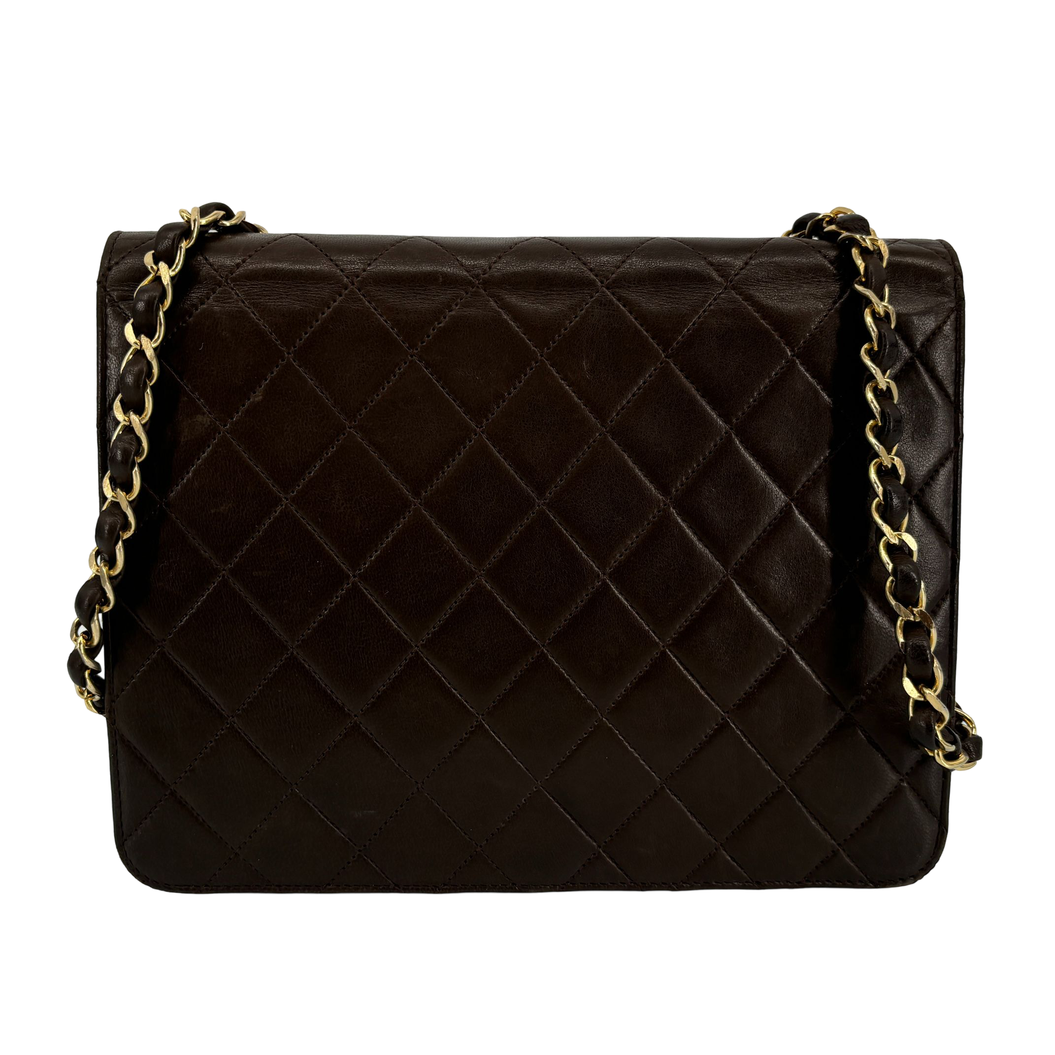 Chanel Single Flap Bag Push-Lock Brown Matelassé Leather