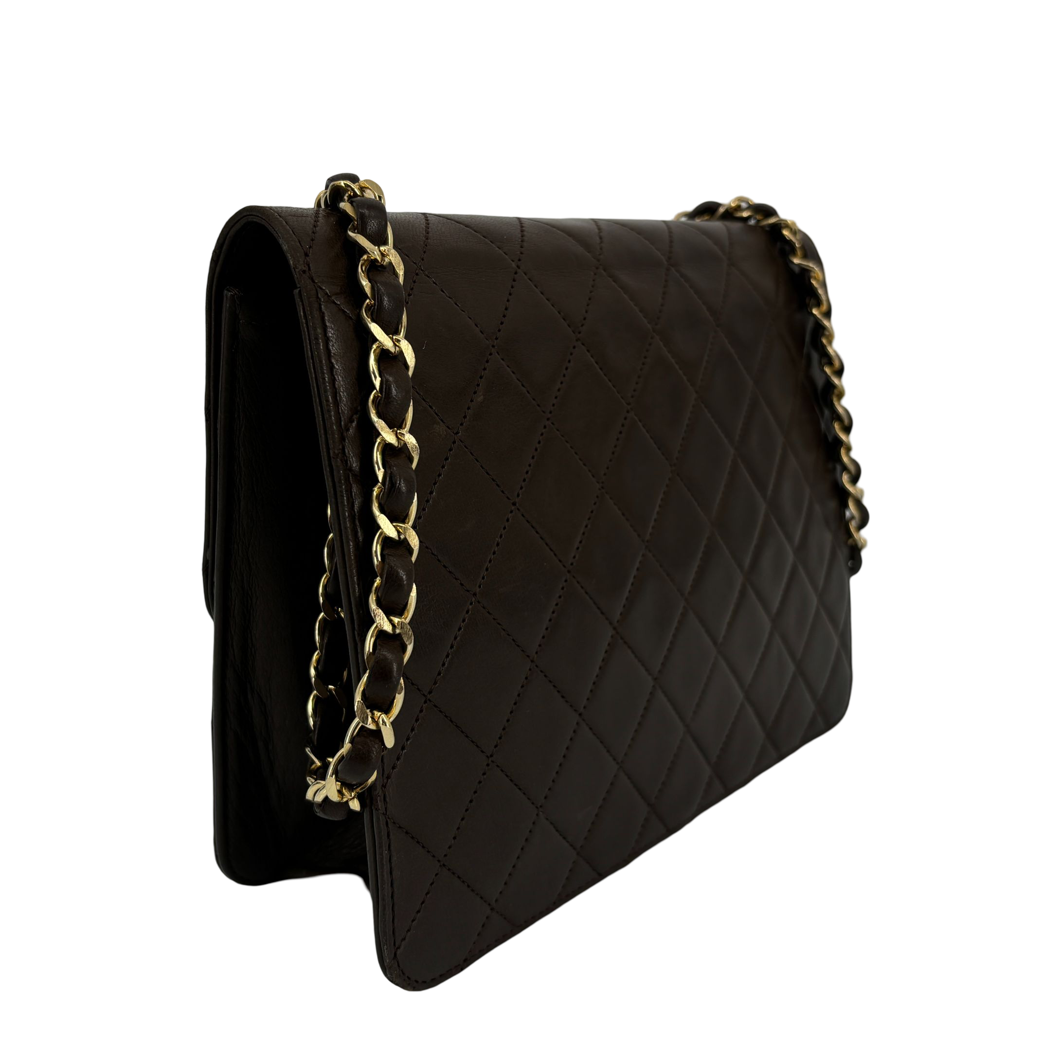 Chanel Single Flap Bag Push-Lock Brown Matelassé Leather