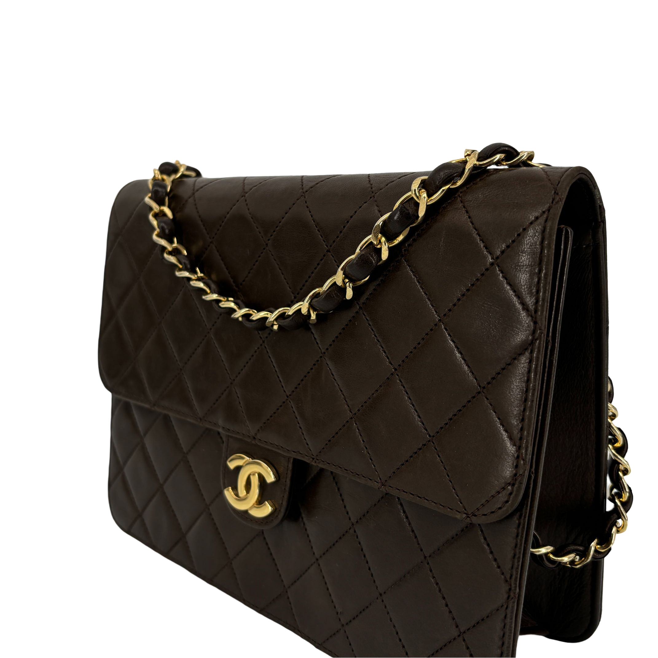 Chanel Single Flap Bag Push-Lock Brown Matelassé Leather