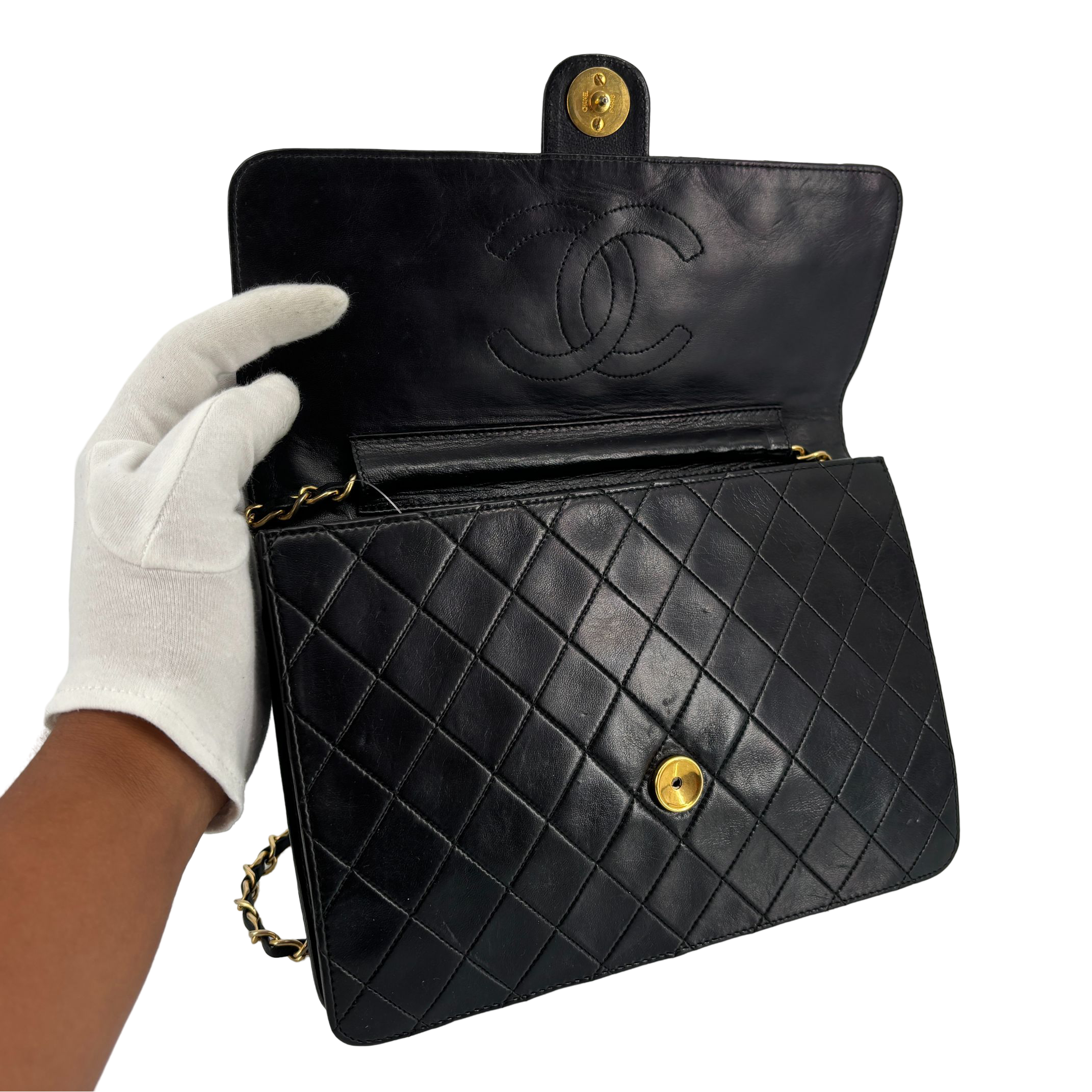 Chanel Single Flap Bag Push-Lock Black Matelassé Leather