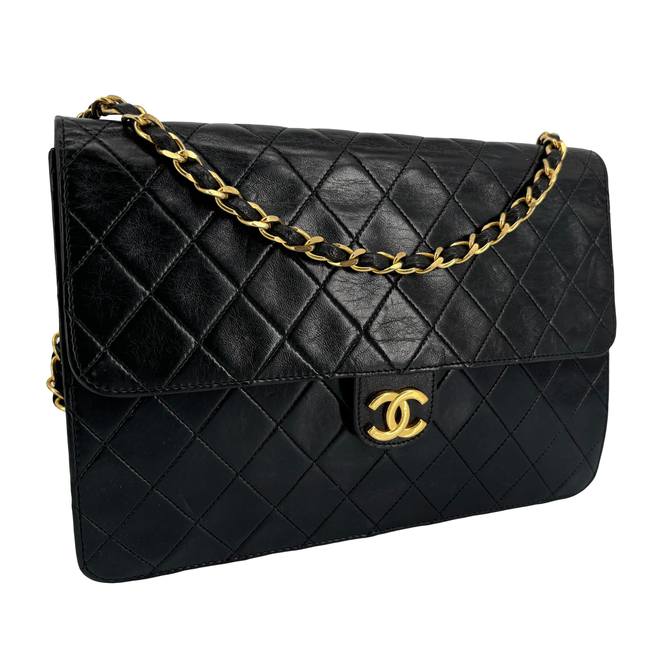 Chanel Single Flap Bag Push-Lock Black Matelassé Leather