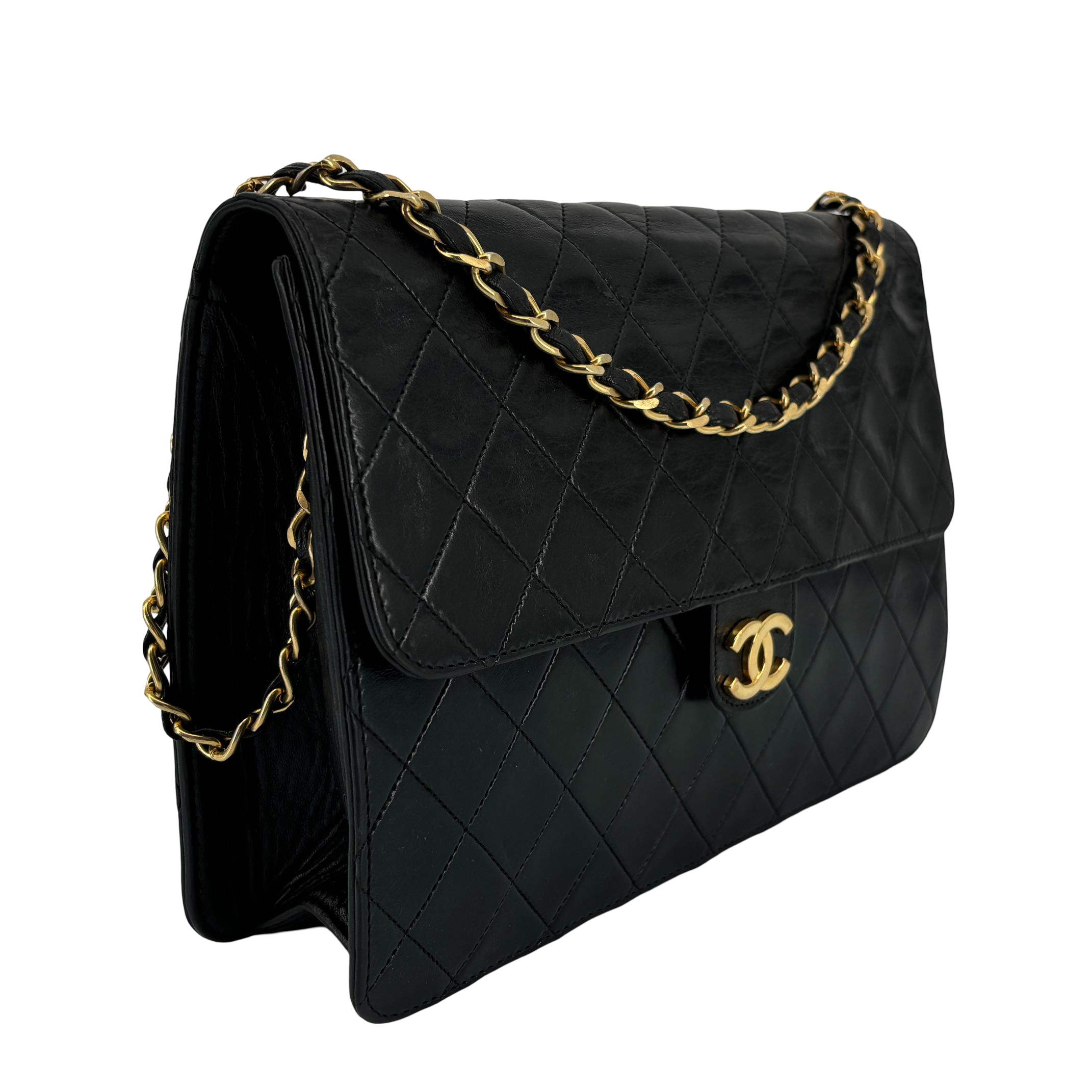 Chanel Single Flap Bag Push-Lock Black Matelassé Leather