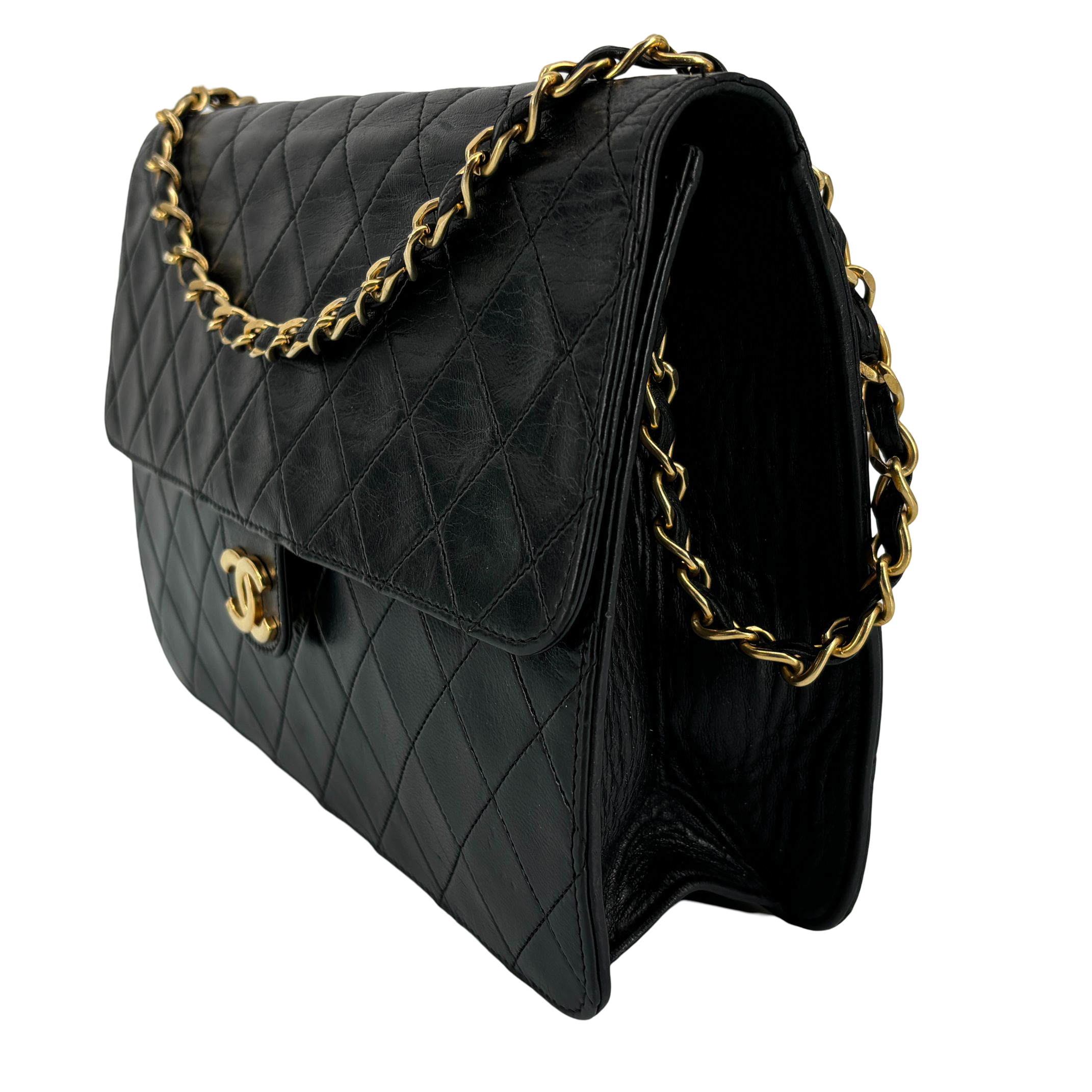 Chanel Single Flap Bag Push-Lock Black Matelassé Leather