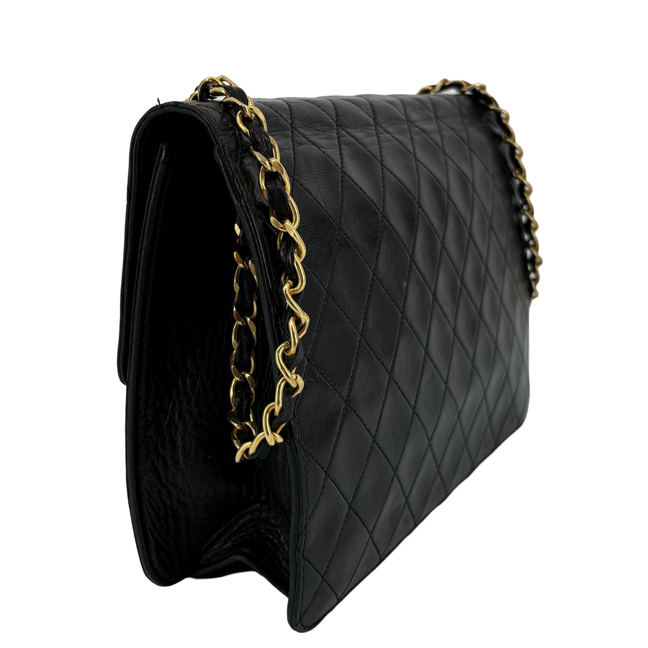 Chanel Single Flap Bag Push-Lock Black Matelassé Leather