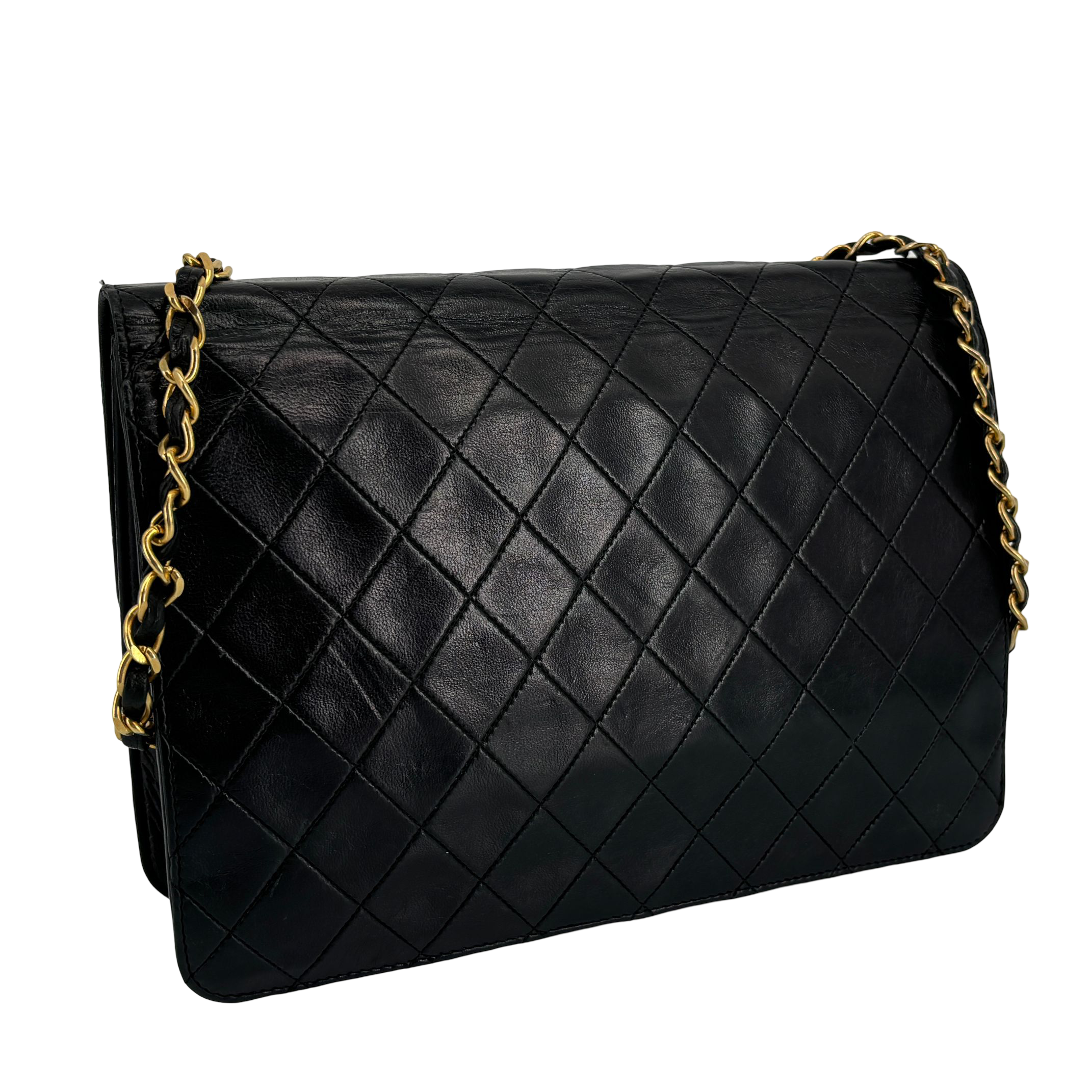 Chanel Single Flap Bag Push-Lock Black Matelassé Leather