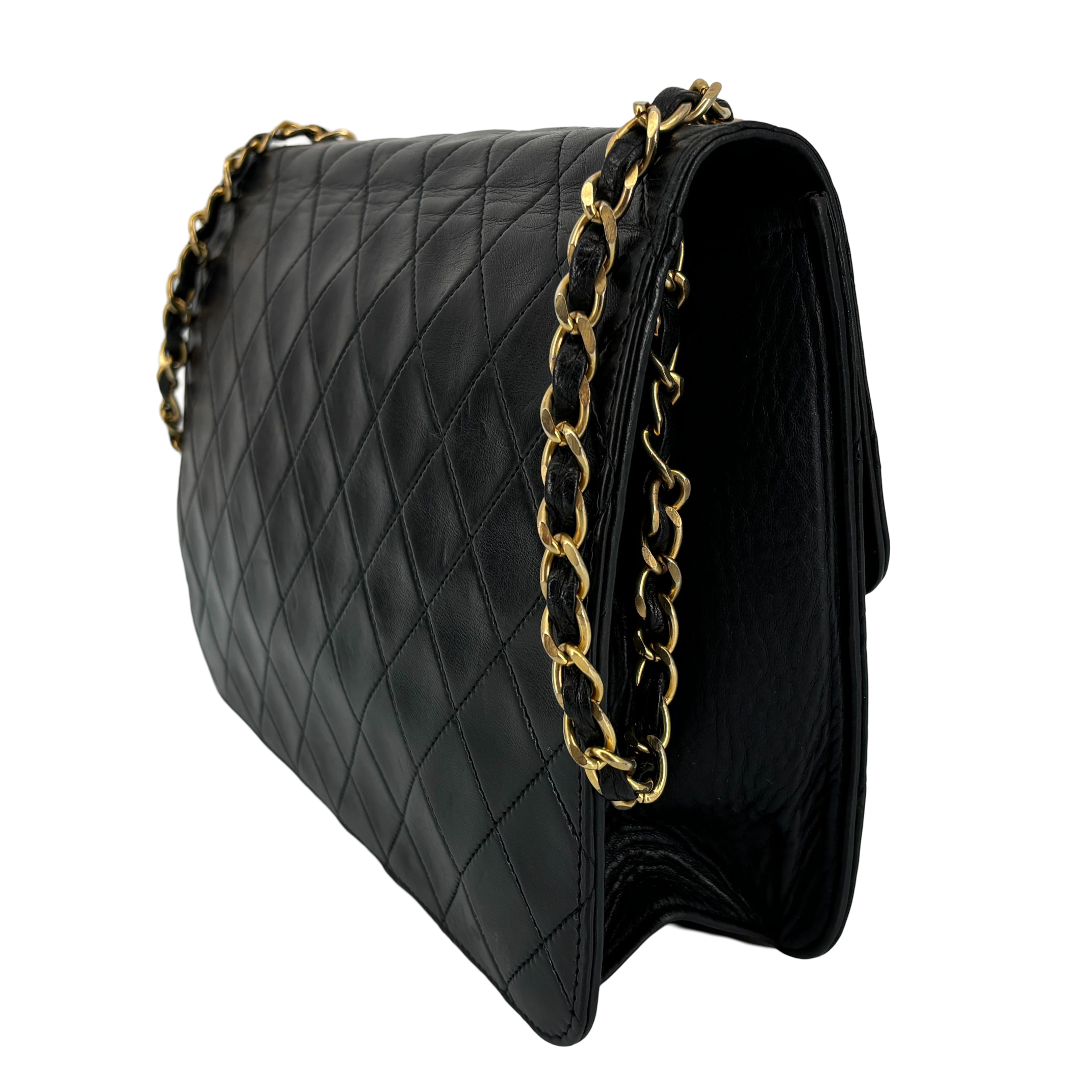 Chanel Single Flap Bag Push-Lock Black Matelassé Leather