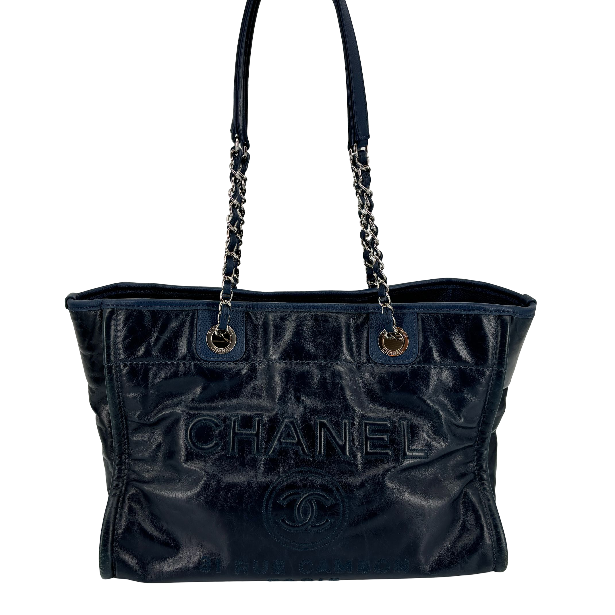 Chanel Deauville MM Hand / Tote Bag Navy Leather