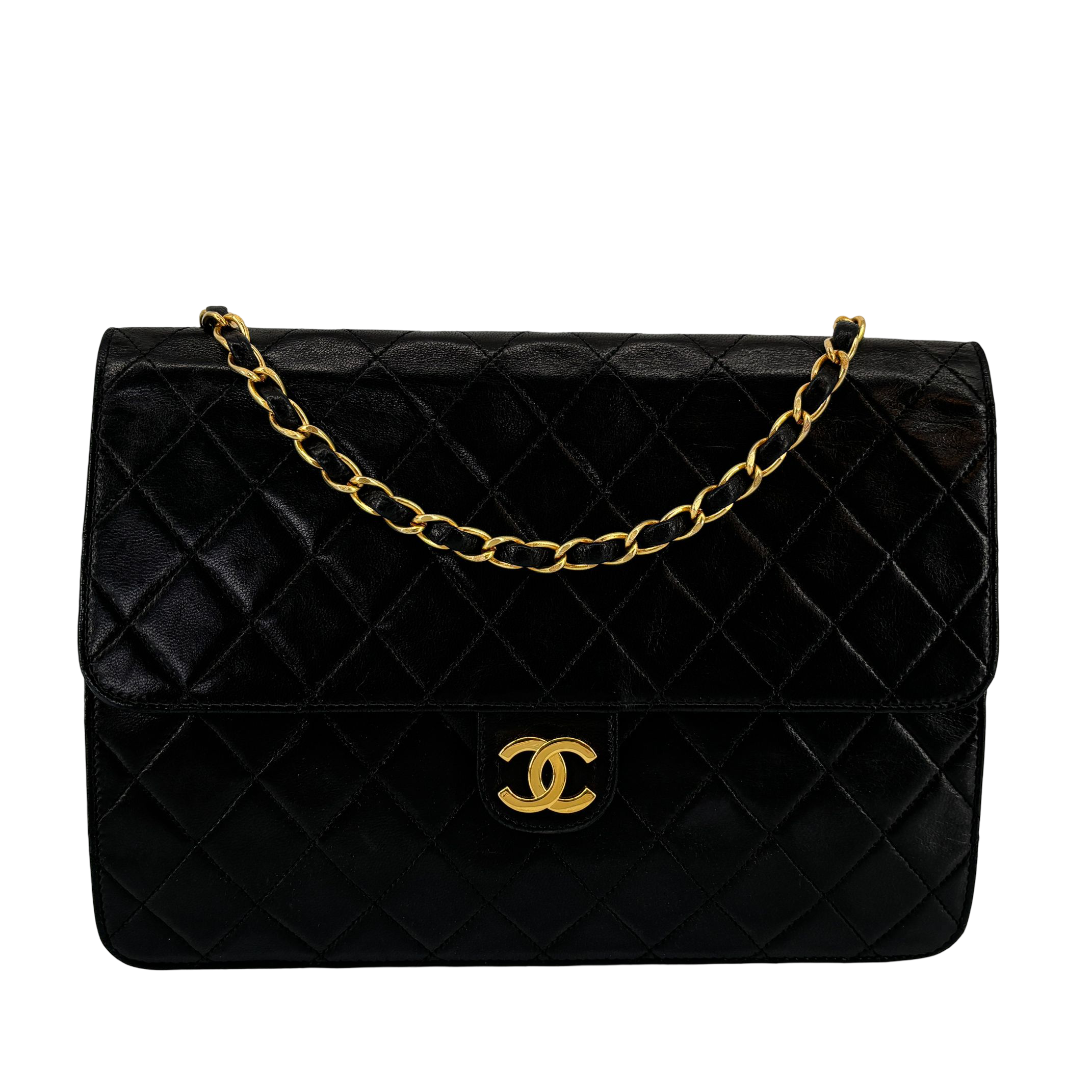 Chanel Single Flap Bag Push-Lock Black Matelassé Leather incl. Dustbag