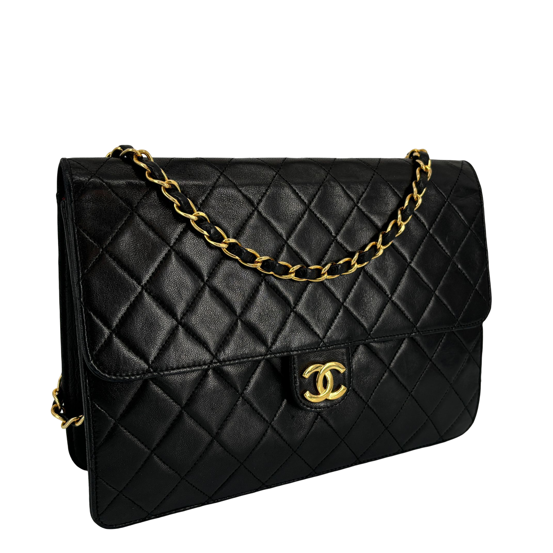 Chanel Single Flap Bag Push-Lock Black Matelassé Leather incl. Dustbag