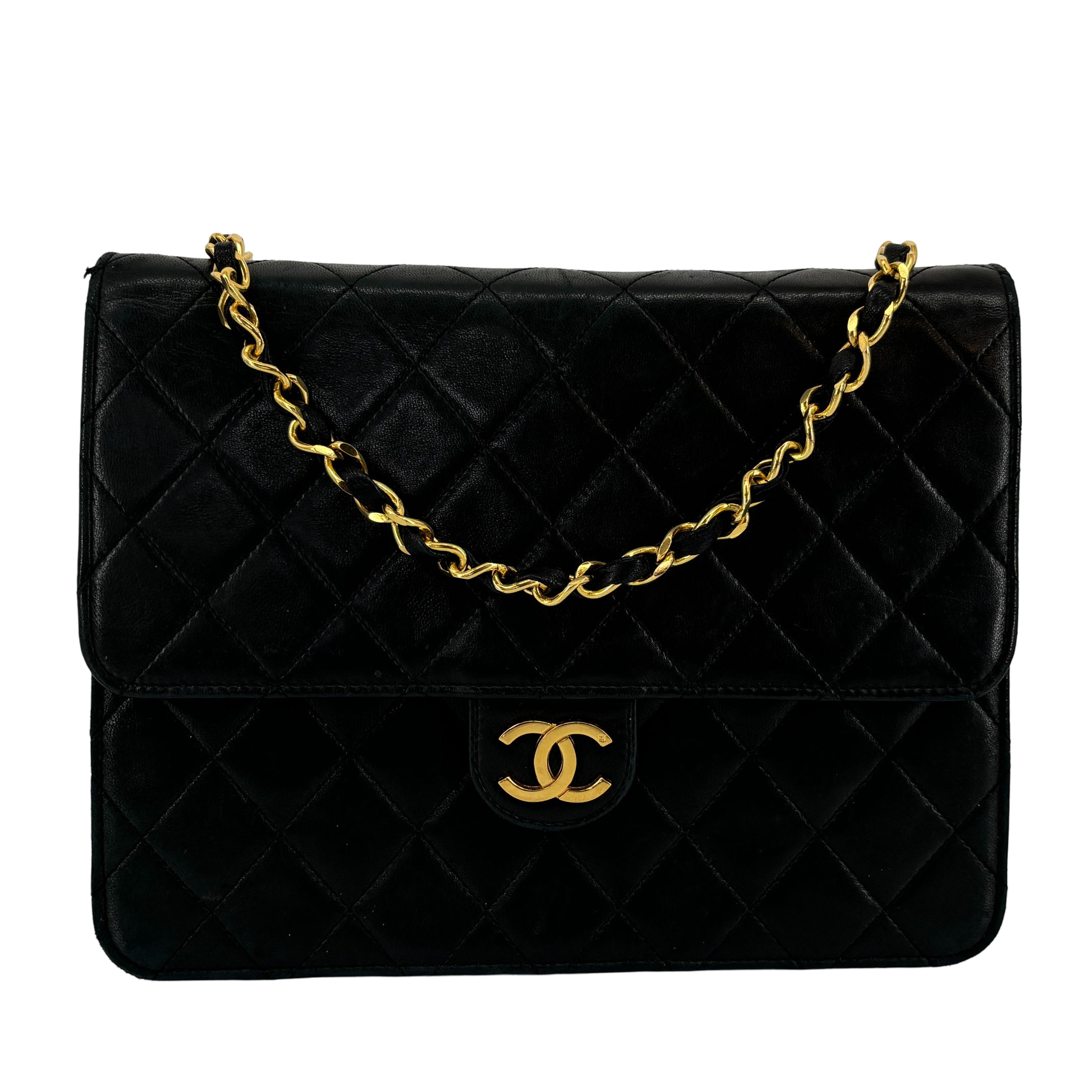 Chanel Single Flap Bag Push-Lock Black Matelassé Leather