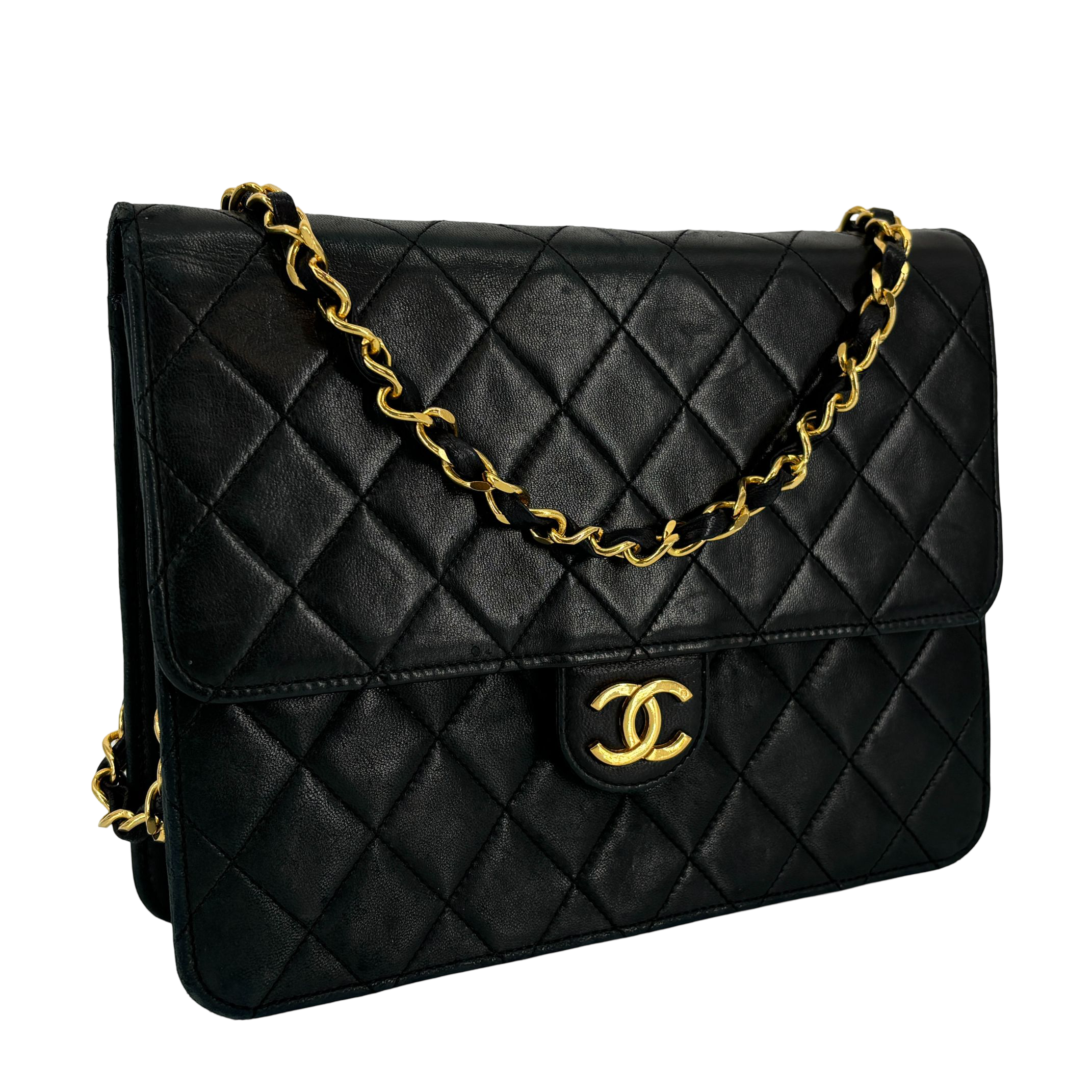 Chanel Single Flap Bag Push-Lock Black Matelassé Leather