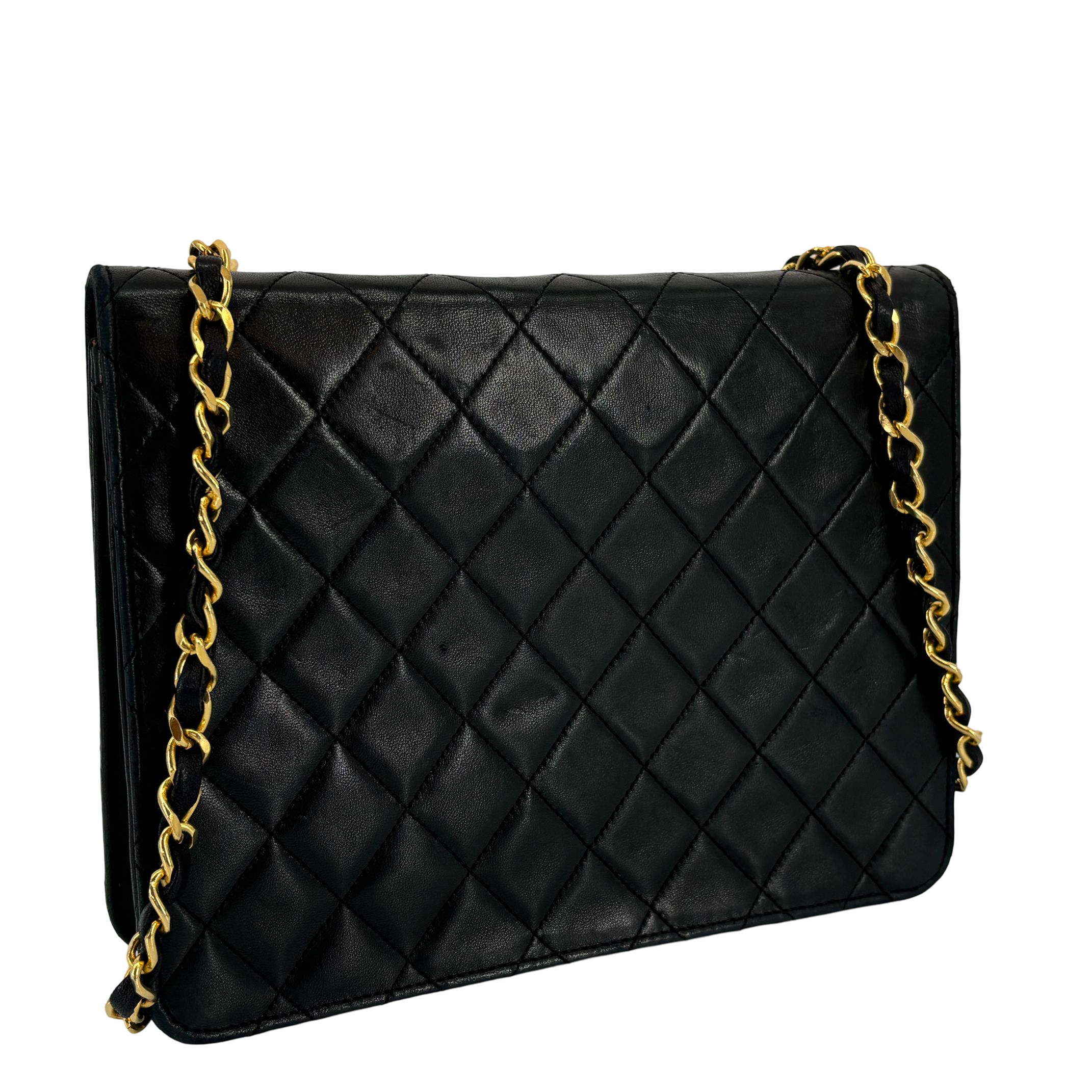 Chanel Single Flap Bag Push-Lock Black Matelassé Leather