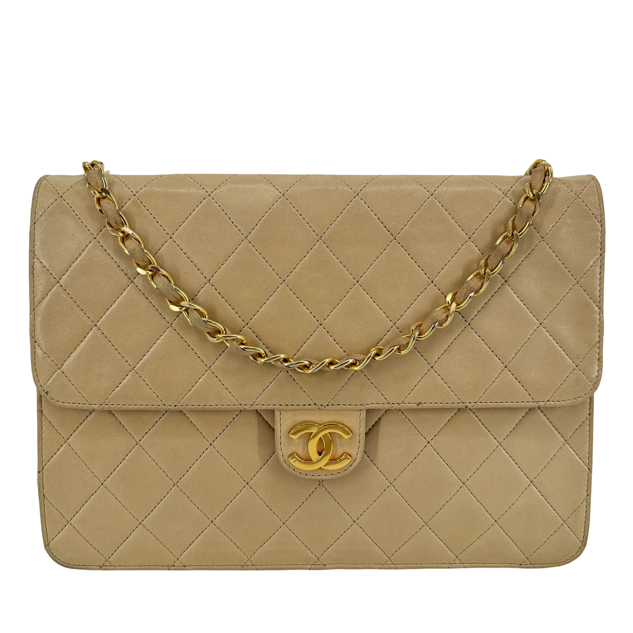 Chanel Single Flap Bag Push-Lock Beige Matelassé Leather incl. Dustbag