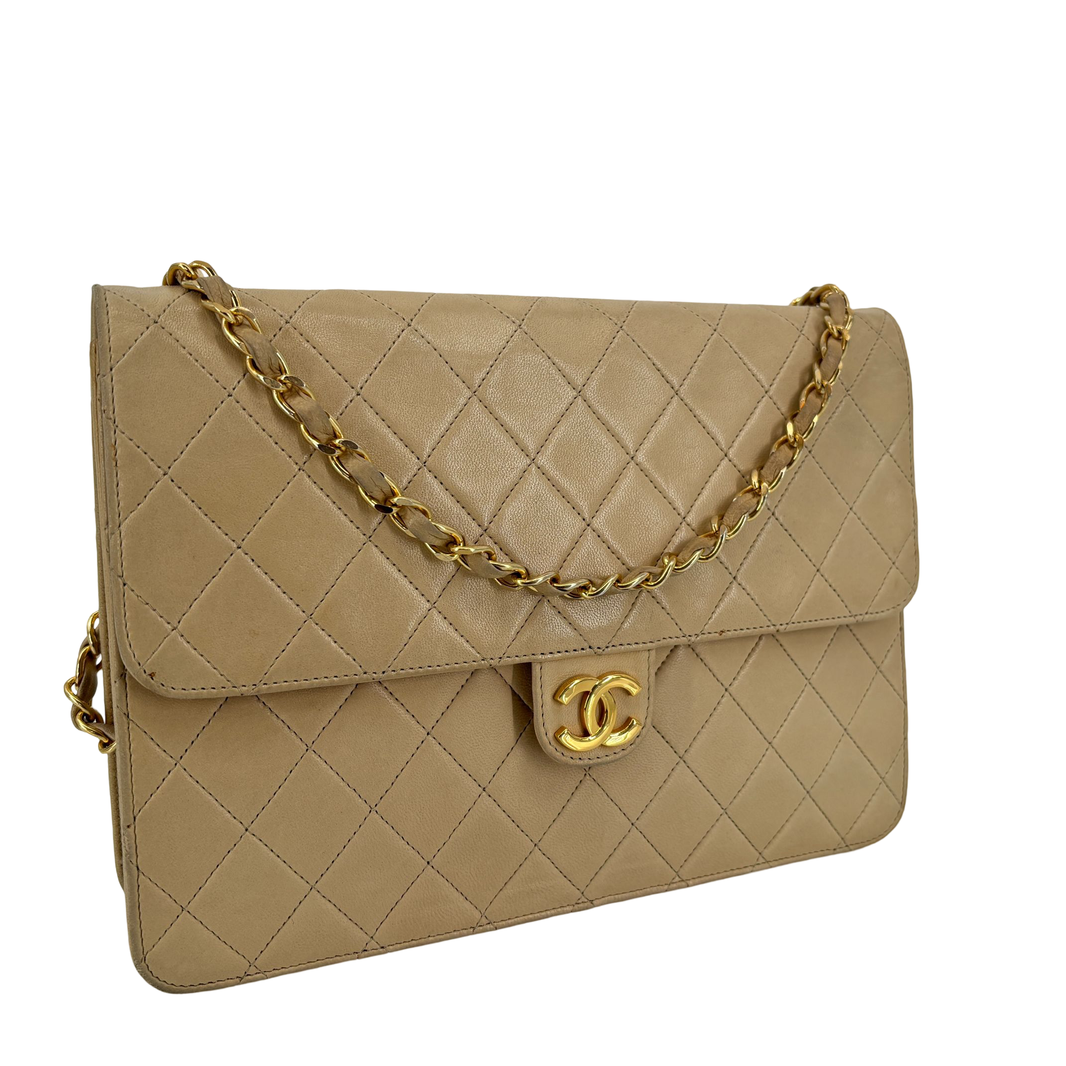 Chanel Single Flap Bag Push-Lock Beige Matelassé Leather incl. Dustbag