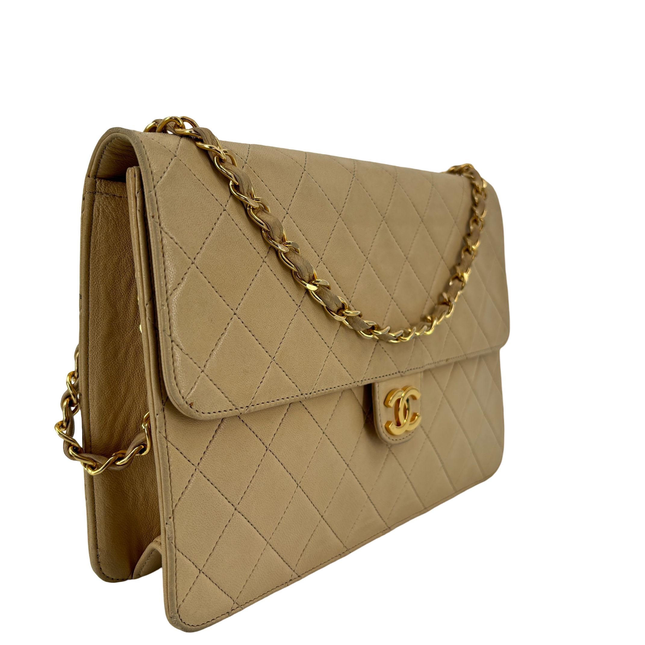 Chanel Single Flap Bag Push-Lock Beige Matelassé Leather incl. Dustbag