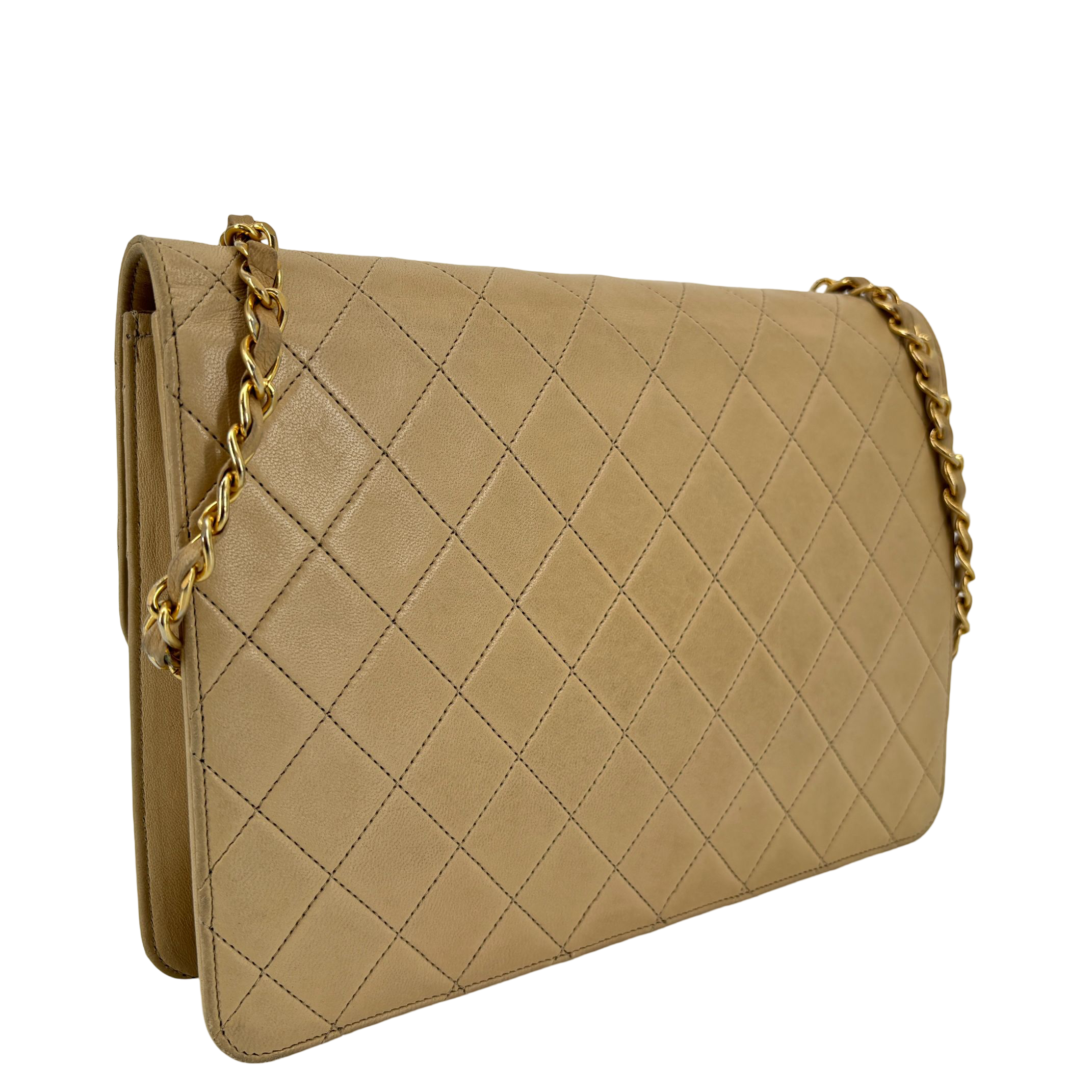 Chanel Single Flap Bag Push-Lock Beige Matelassé Leather incl. Dustbag