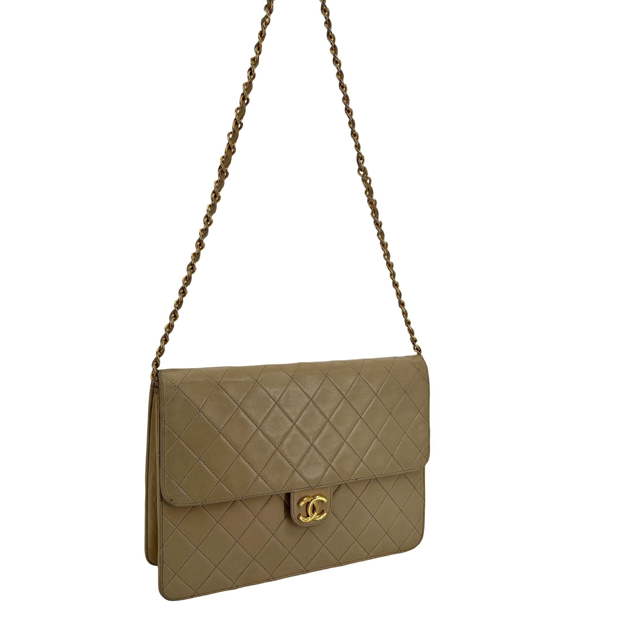 Chanel Single Flap Bag Push-Lock Beige Matelassé Leather incl. Dustbag