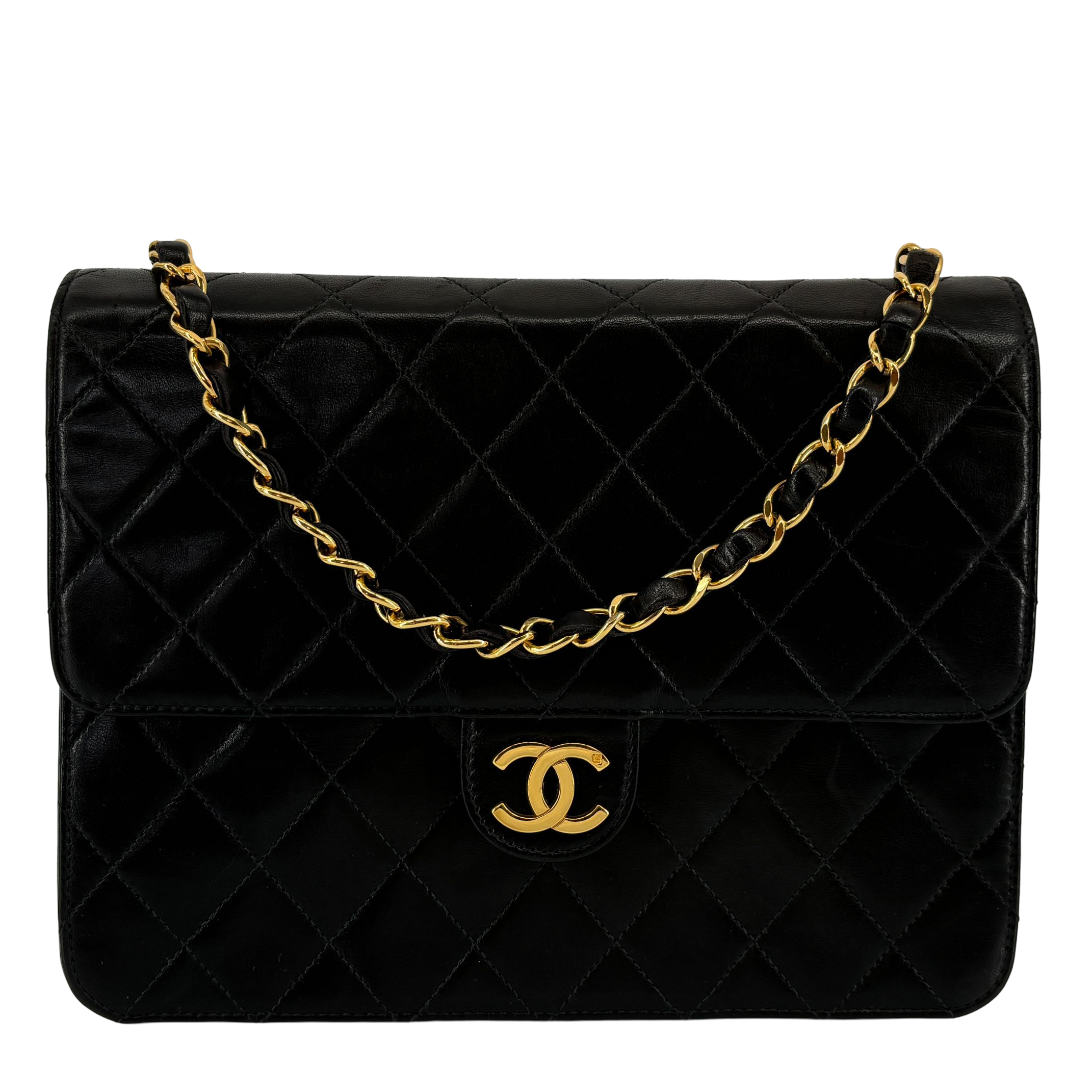 Chanel Single Flap Bag Push-Lock Black Matelassé Leather full set