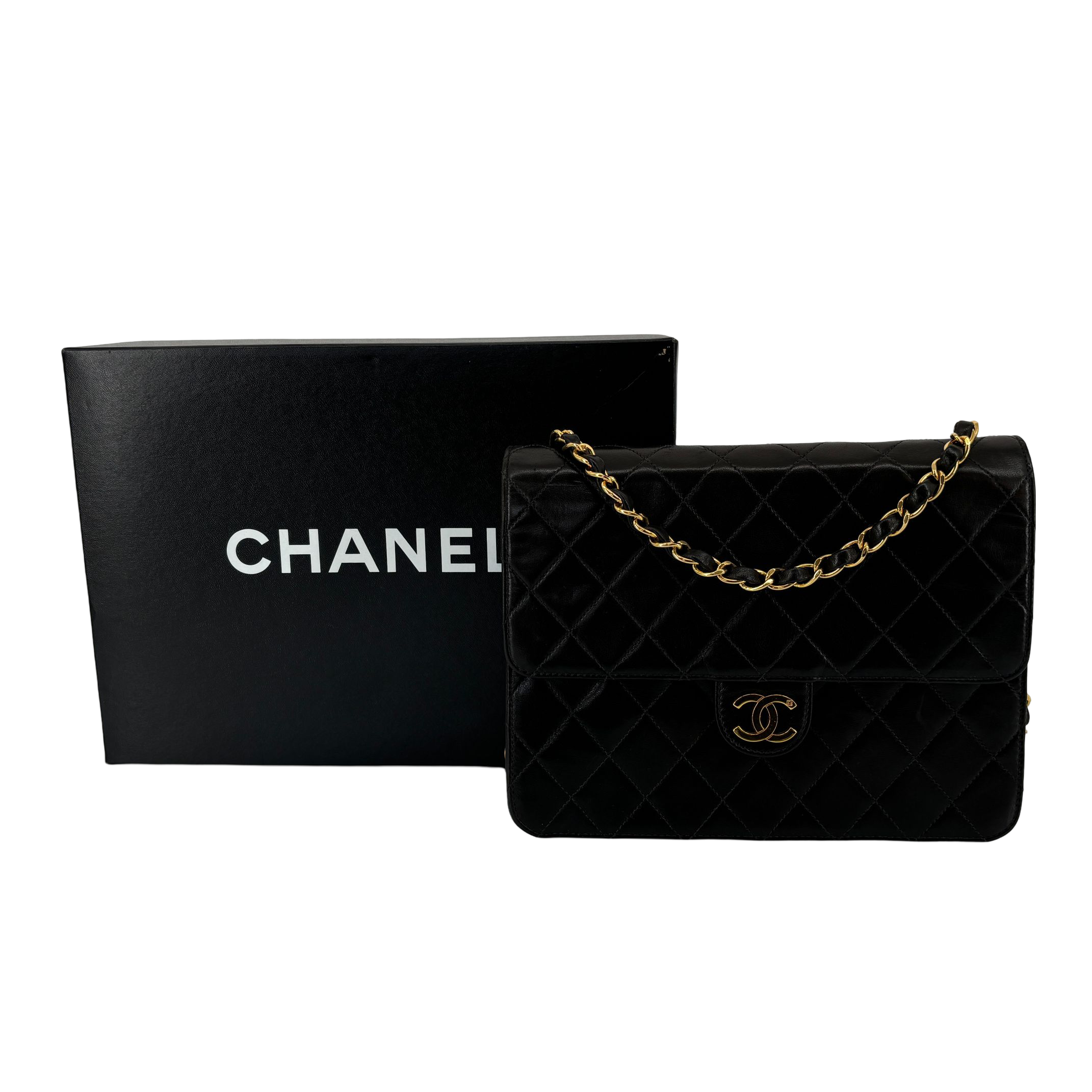 Chanel Single Flap Bag Push-Lock Black Matelassé Leather full set