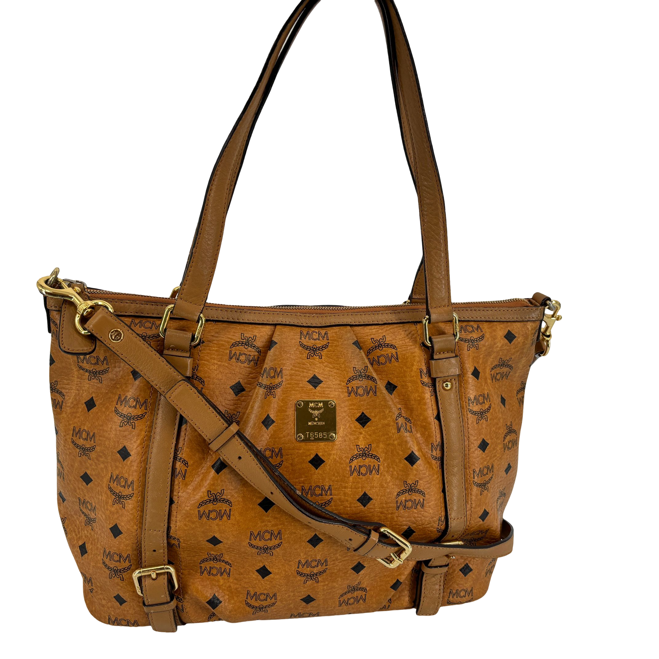 MCM 2Way Tote Bag Beige Visetos Cognac Monogram